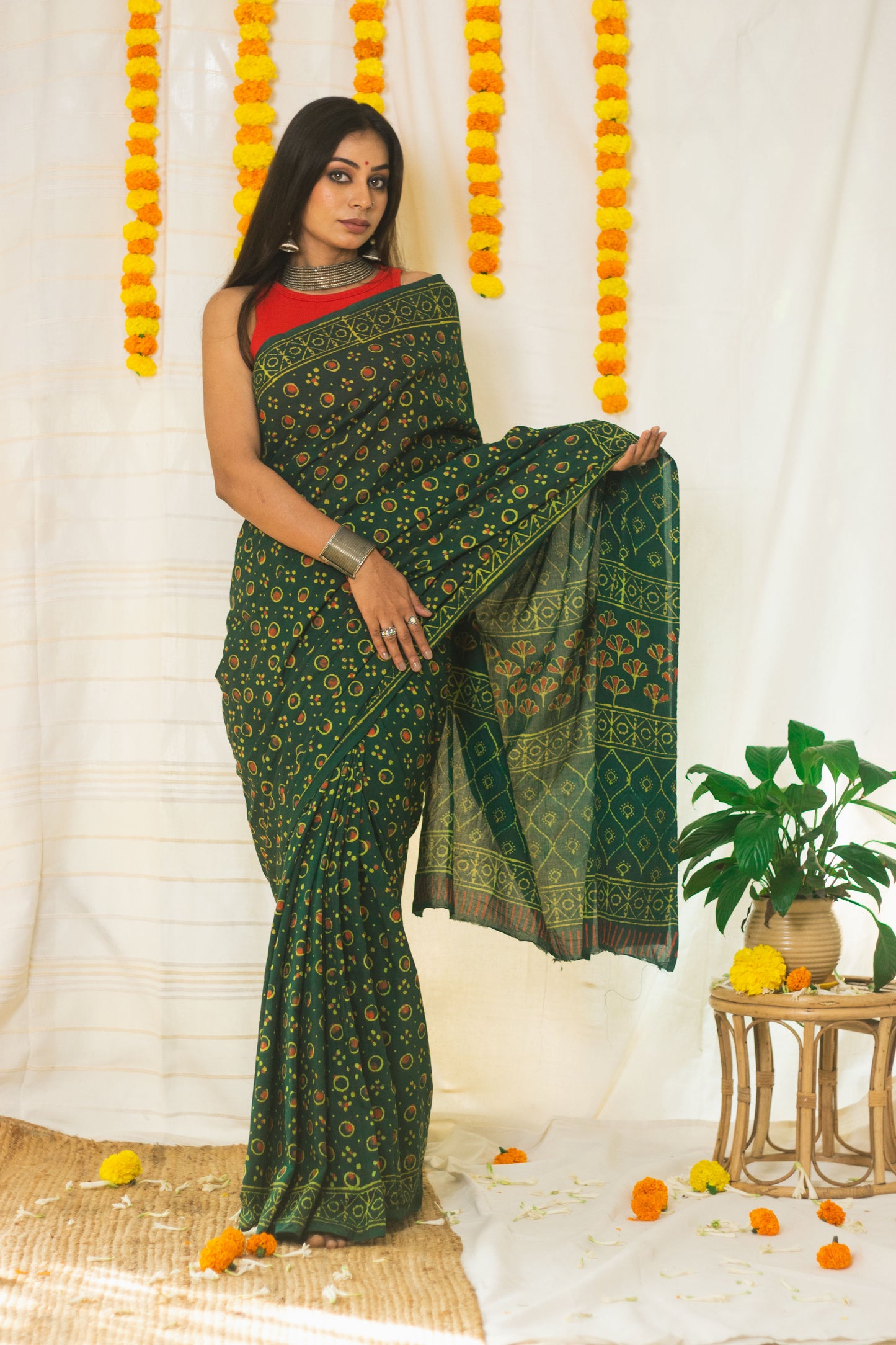 Cotton Mul Bagru Saree Green Ember