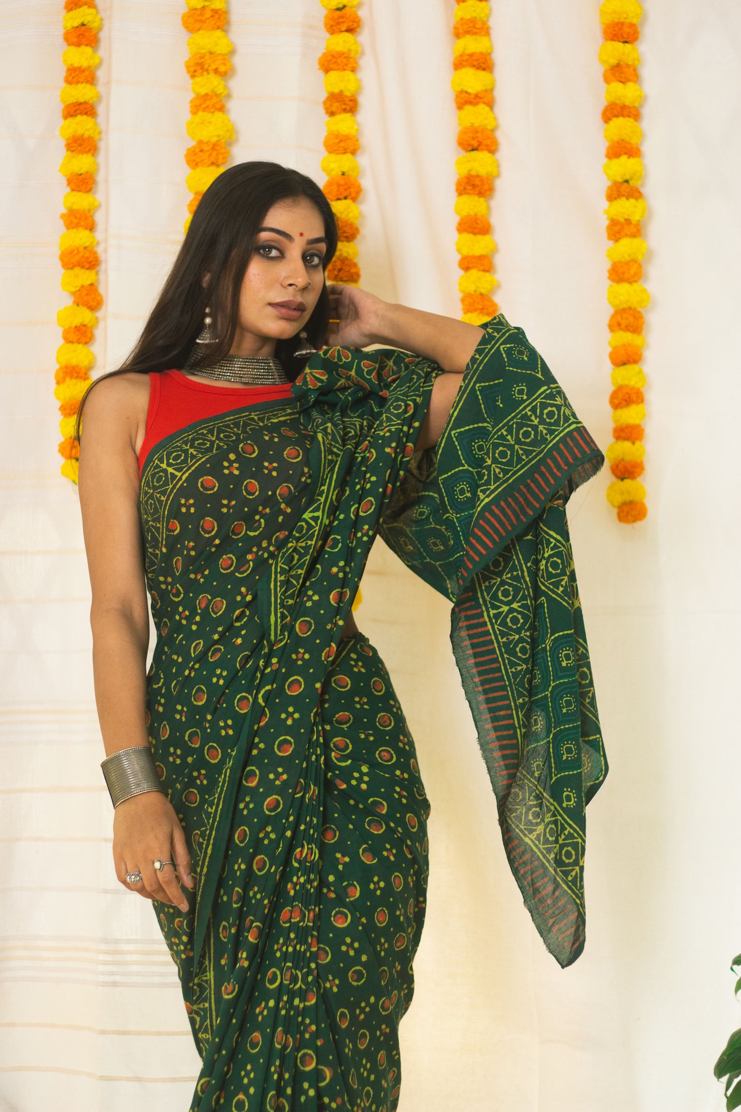 Cotton Mul Bagru Saree Green Ember