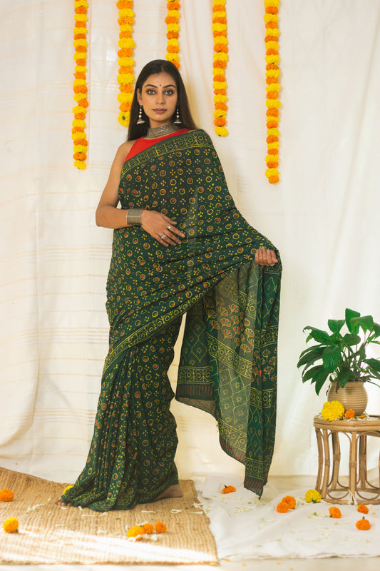 Cotton Mul Bagru Saree Green Ember