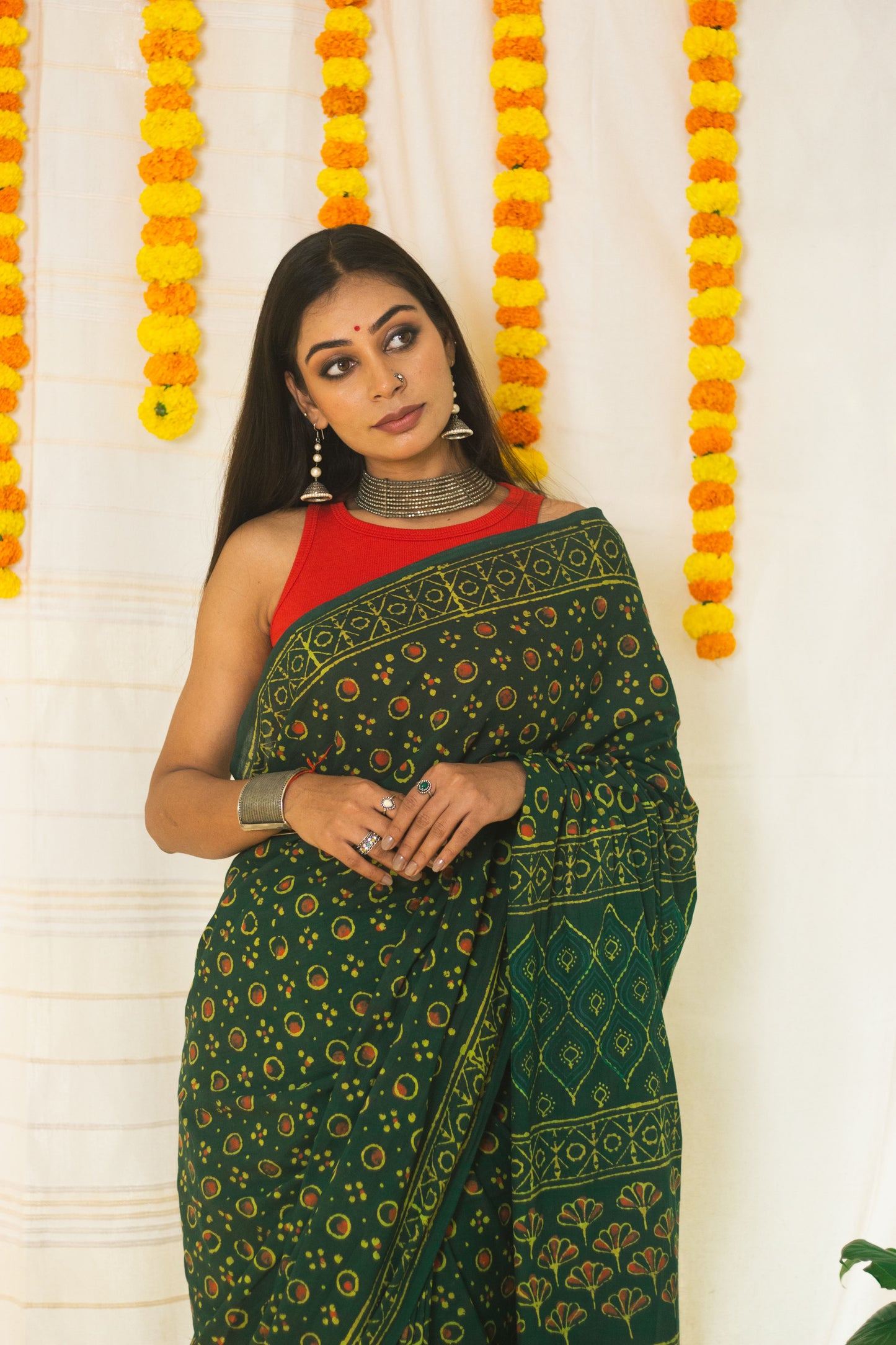 Cotton Mul Bagru Saree Green Ember