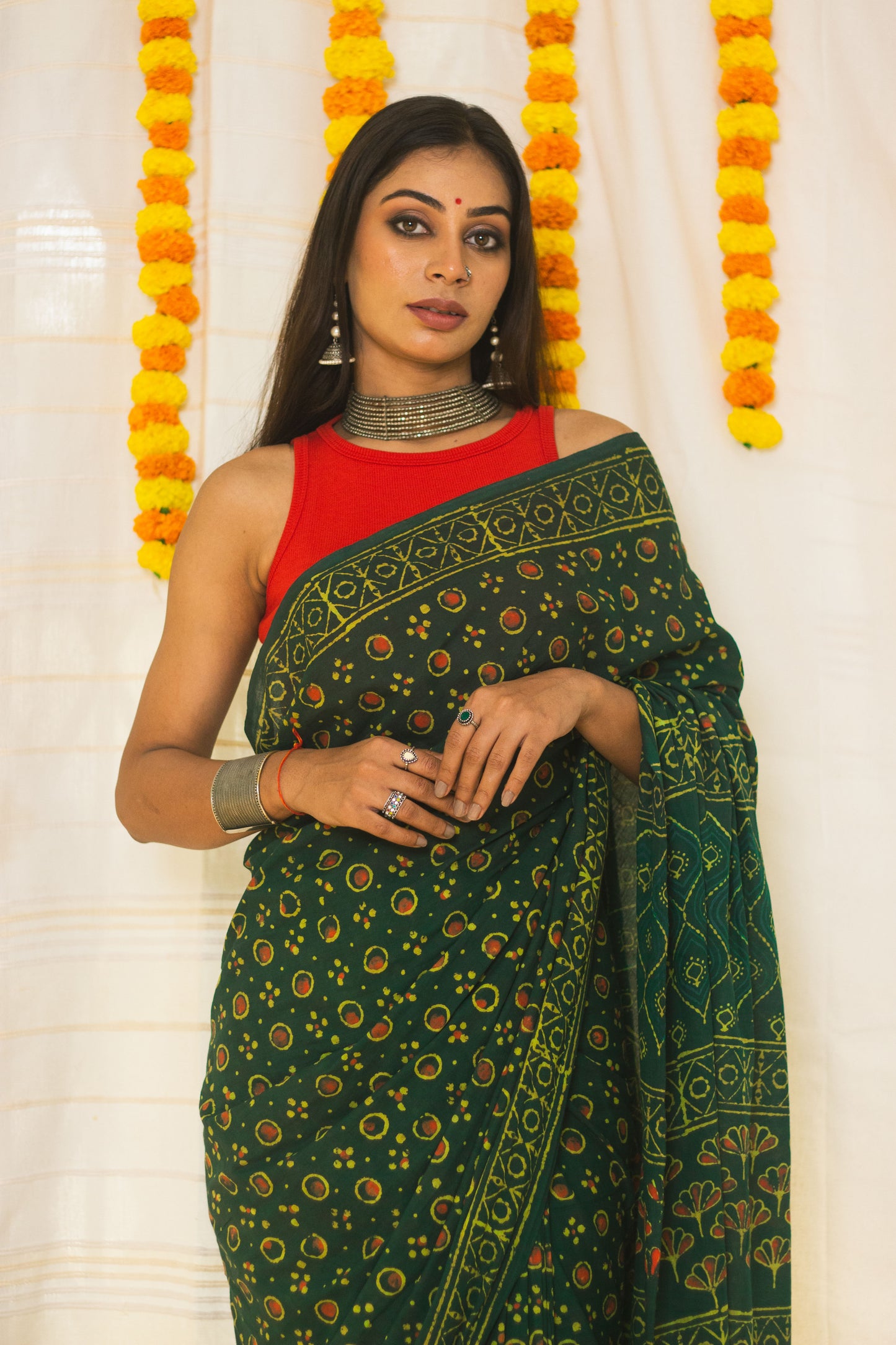 Cotton Mul Bagru Saree Green Ember