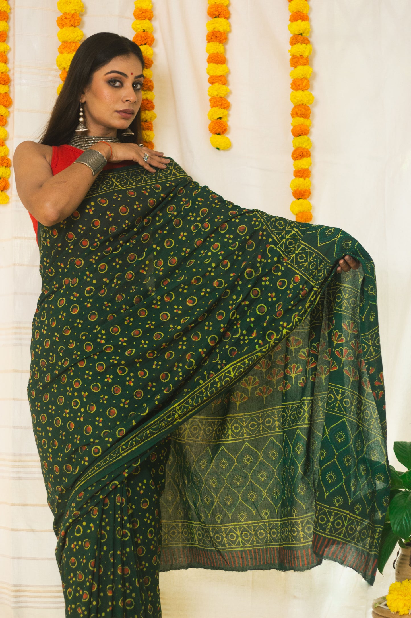 Cotton Mul Bagru Saree Green Ember