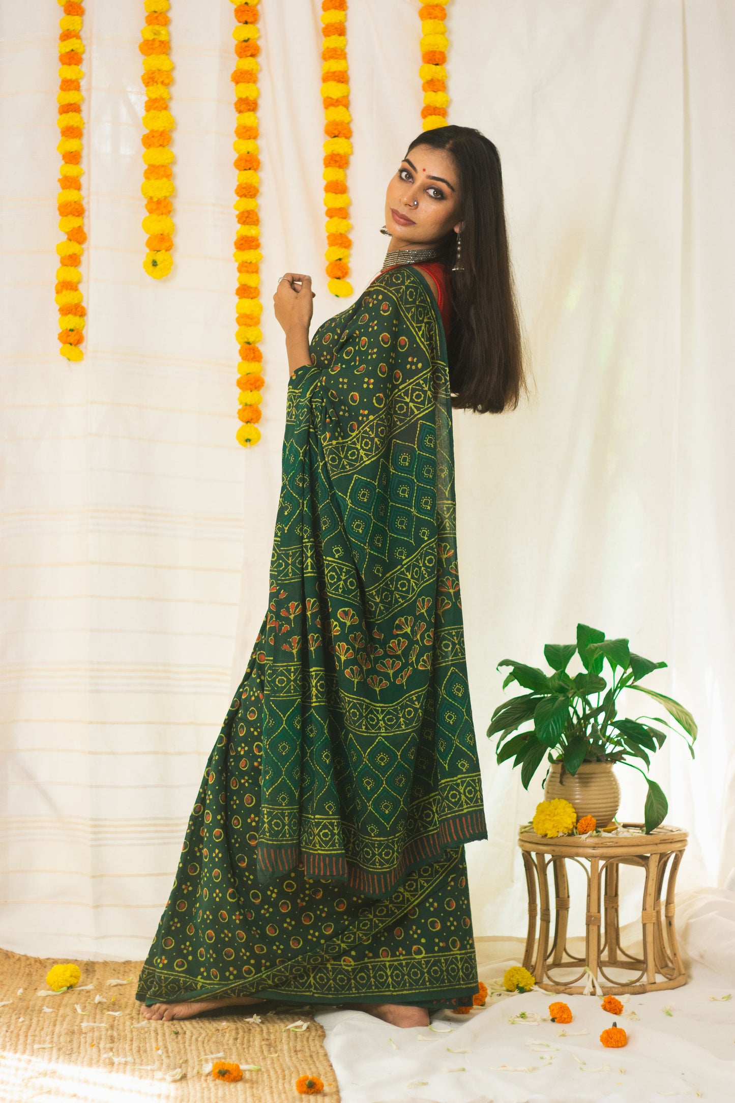 Cotton Mul Bagru Saree Green Ember