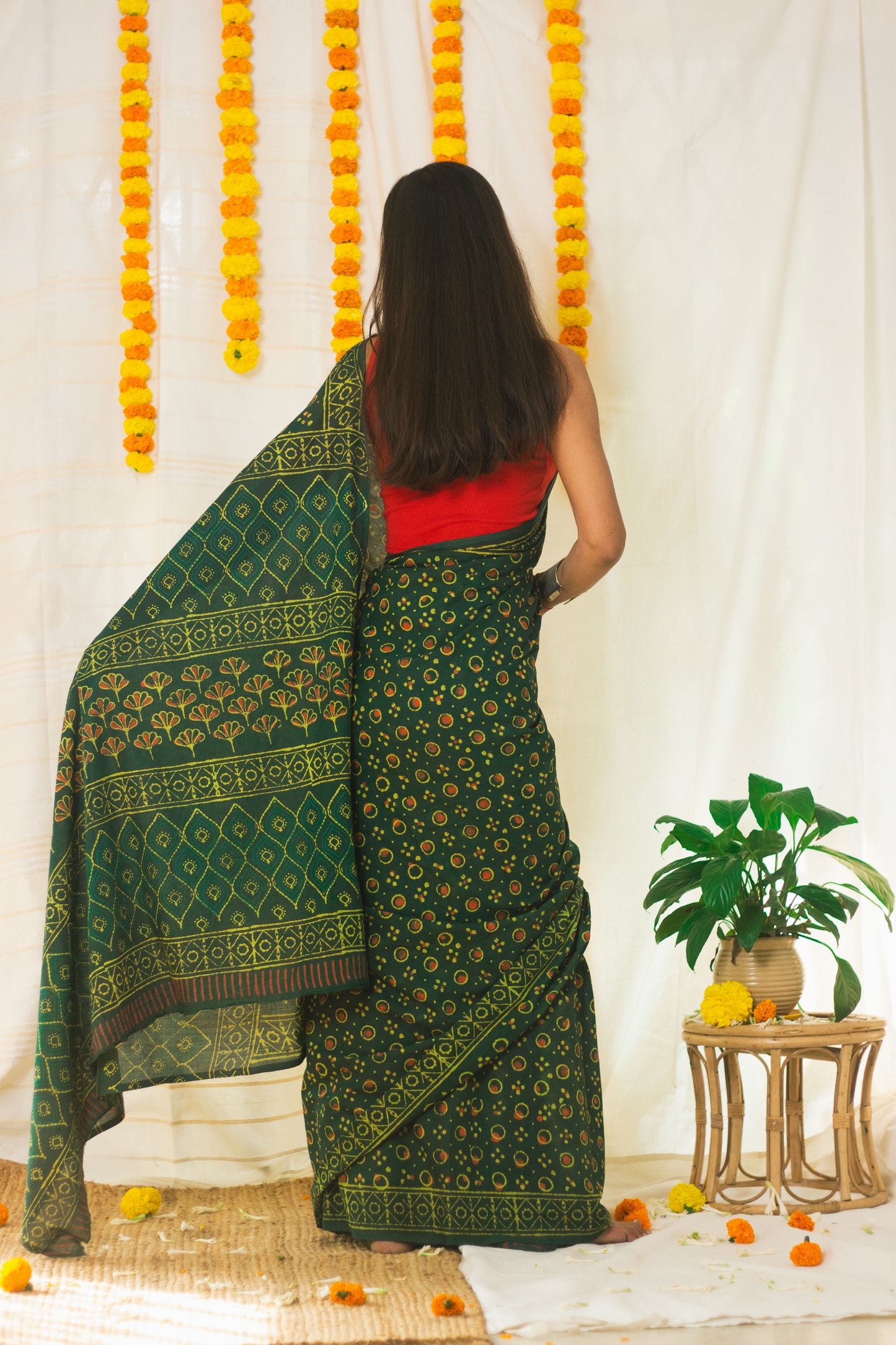 Cotton Mul Bagru Saree Green Ember