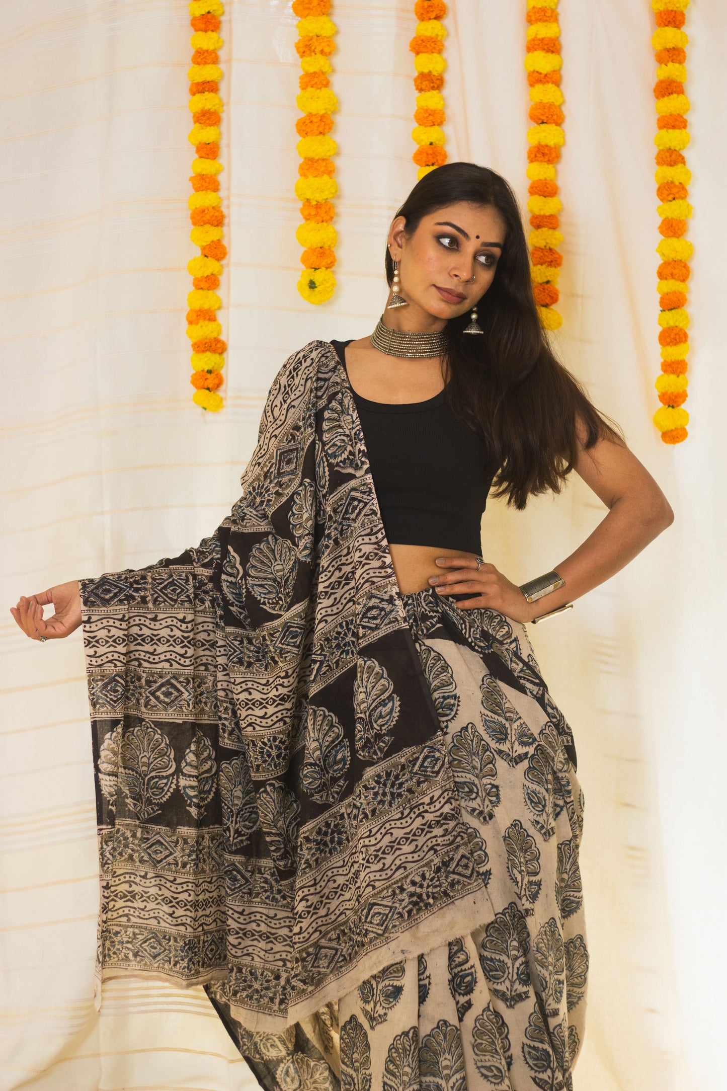 Mul Cotton Block Printed Saree Kalamkari Midnight Magic