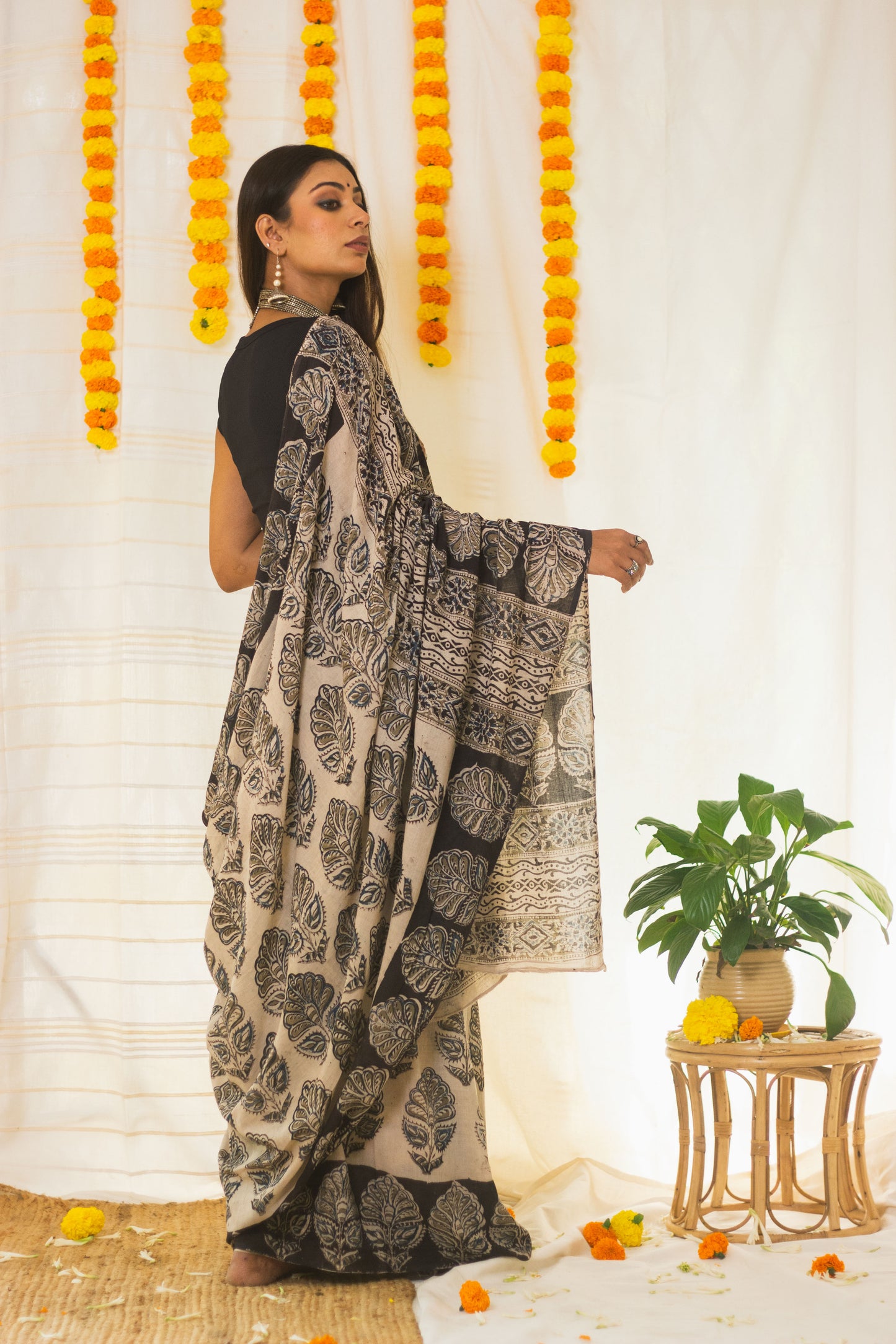 Mul Cotton Block Printed Saree Kalamkari Midnight Magic