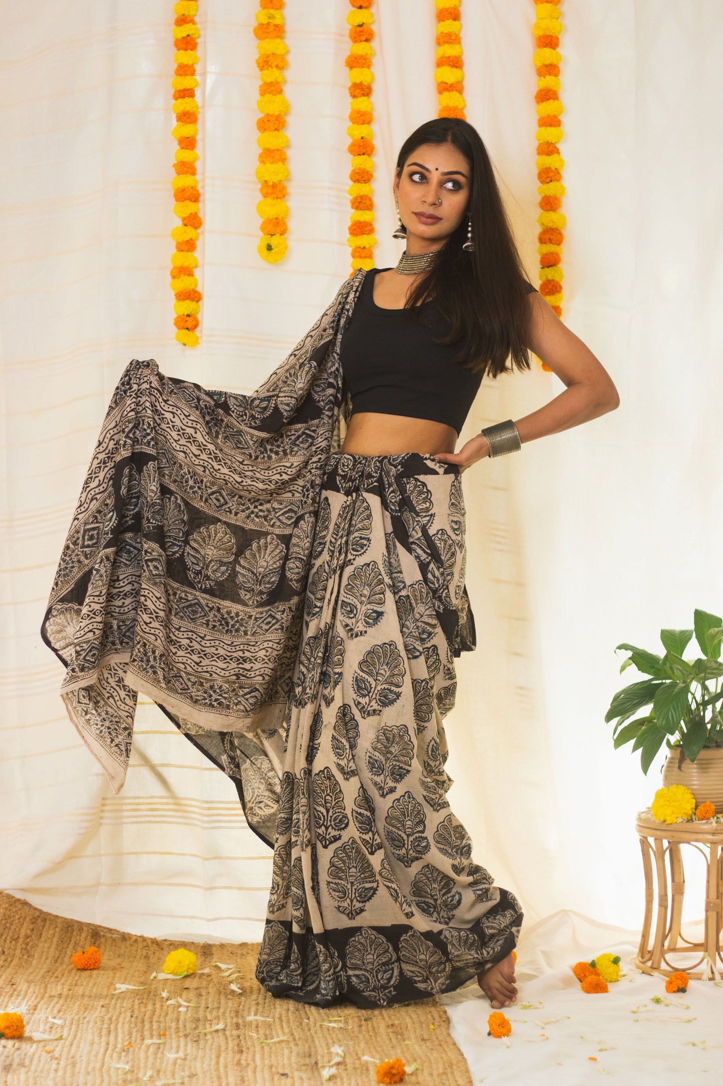 Mul Cotton Block Printed Saree Kalamkari Midnight Magic