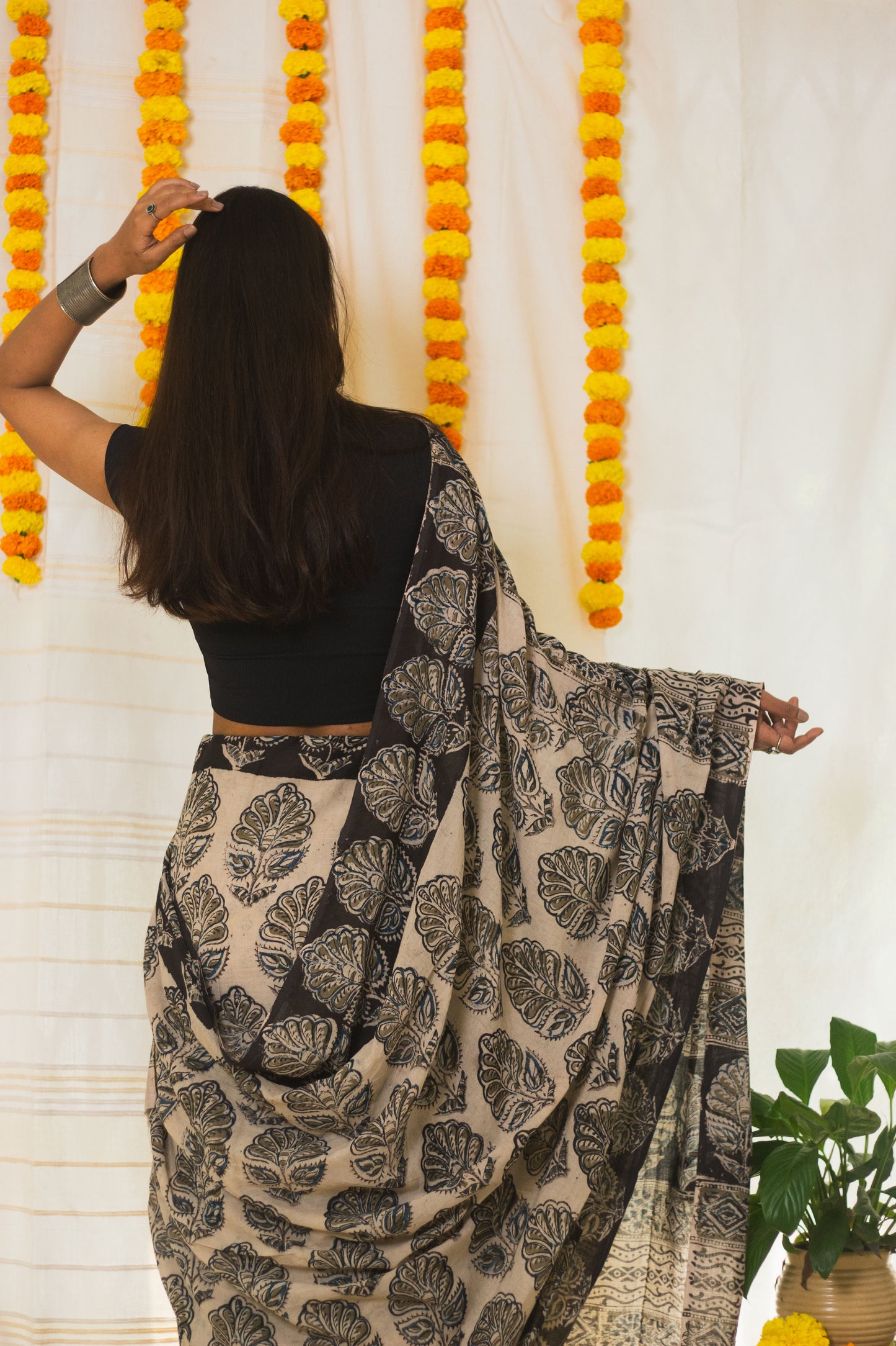 Mul Cotton Block Printed Saree Kalamkari Midnight Magic