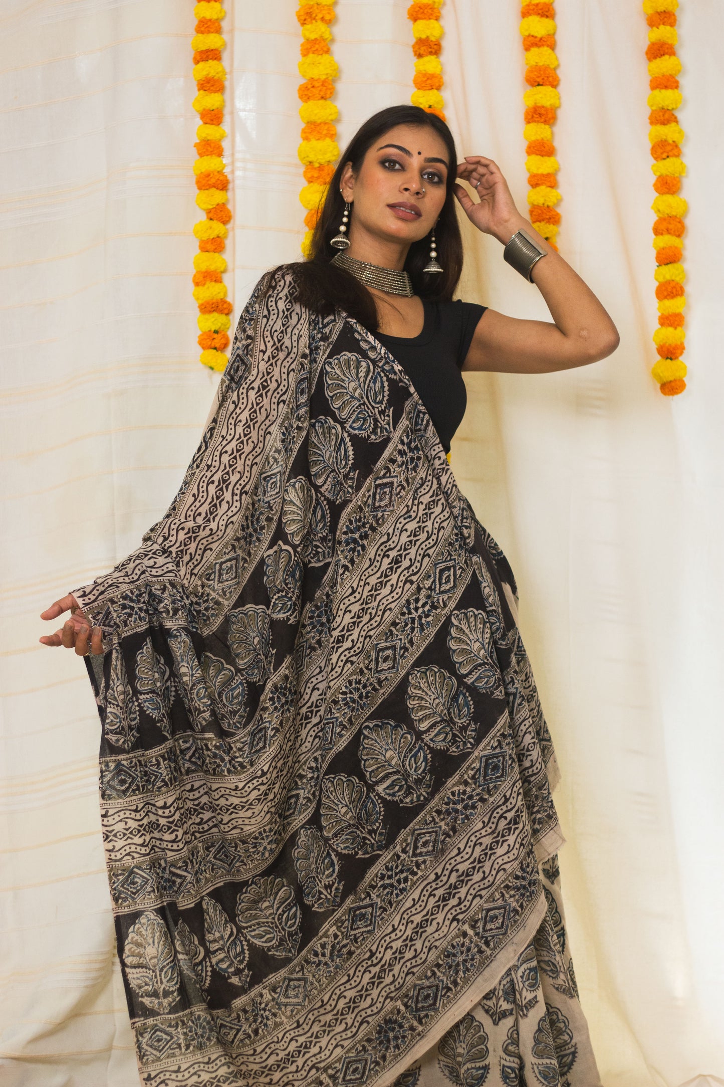 Mul Cotton Block Printed Saree Kalamkari Midnight Magic