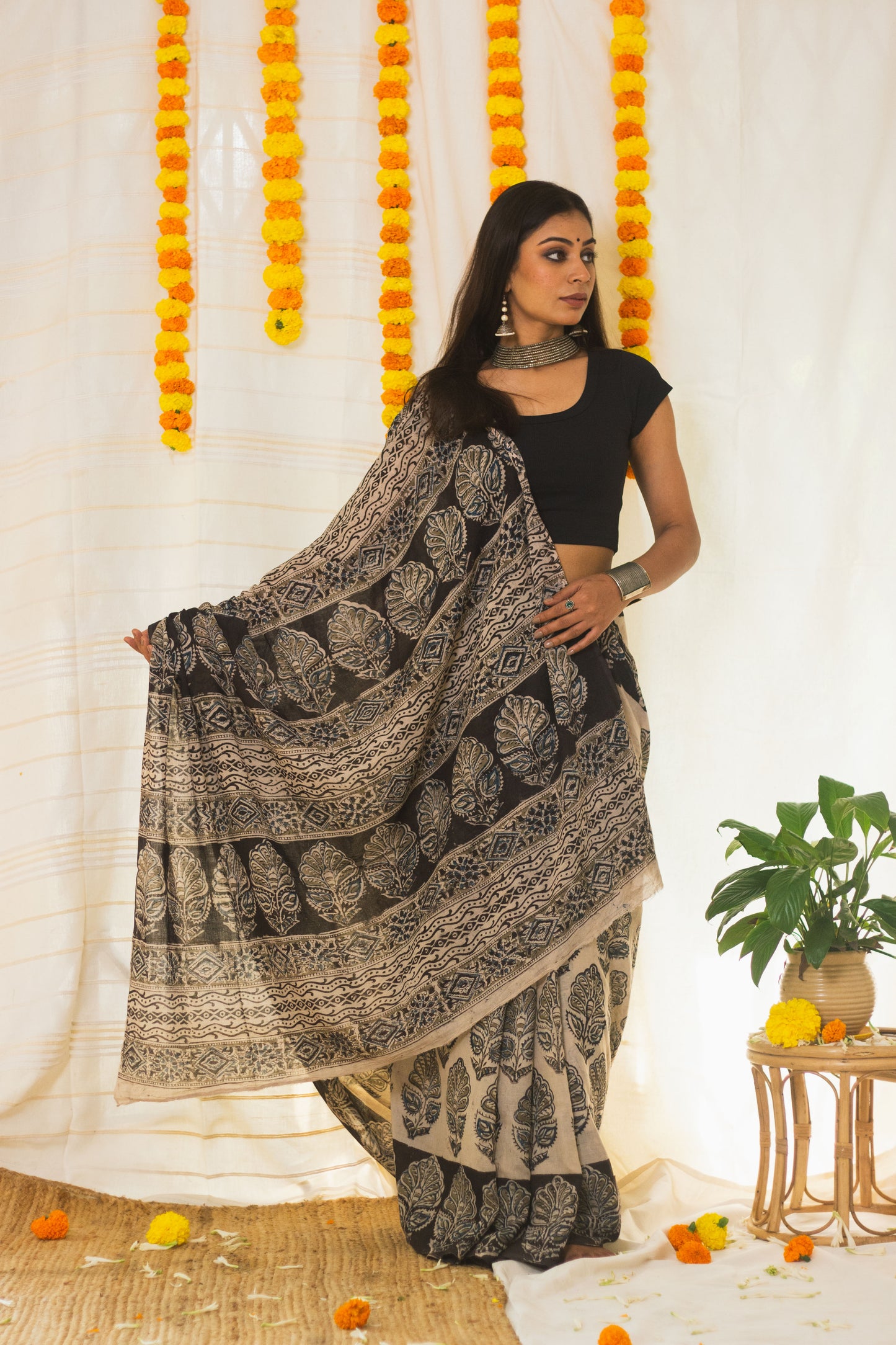 Mul Cotton Block Printed Saree Kalamkari Midnight Magic