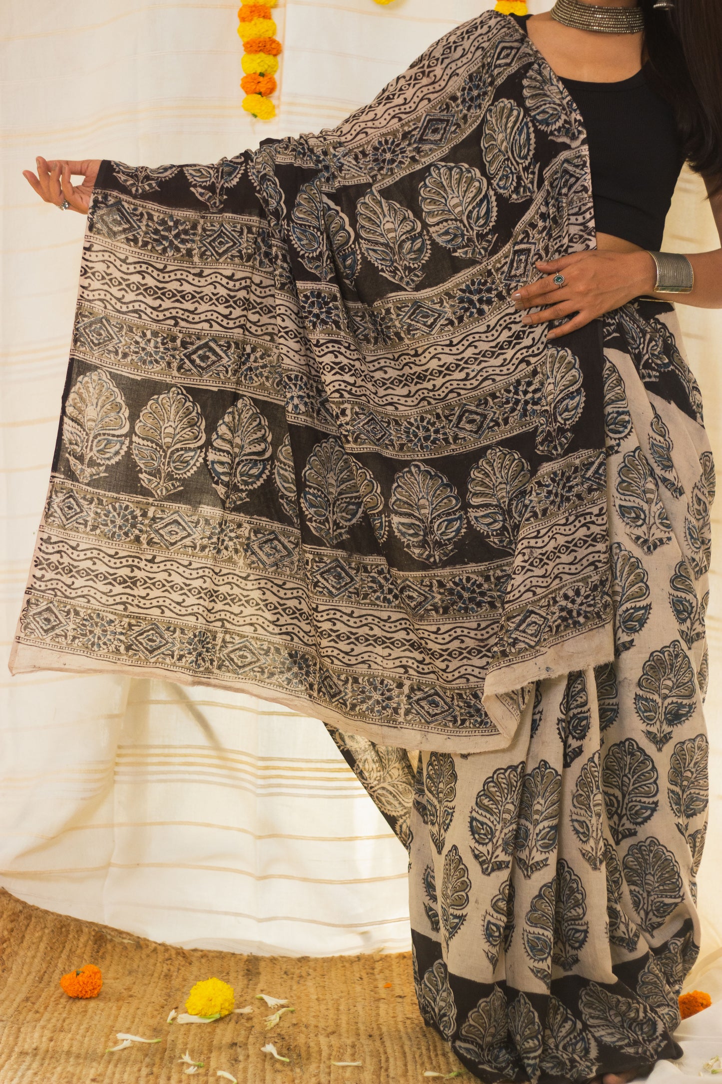 Mul Cotton Block Printed Saree Kalamkari Midnight Magic