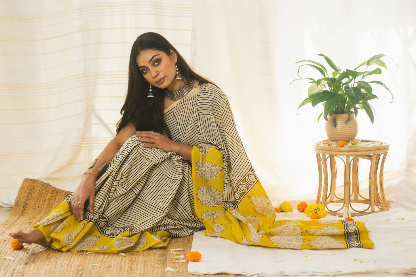 Cotton Mul Bagru Saree Sunny Stripes