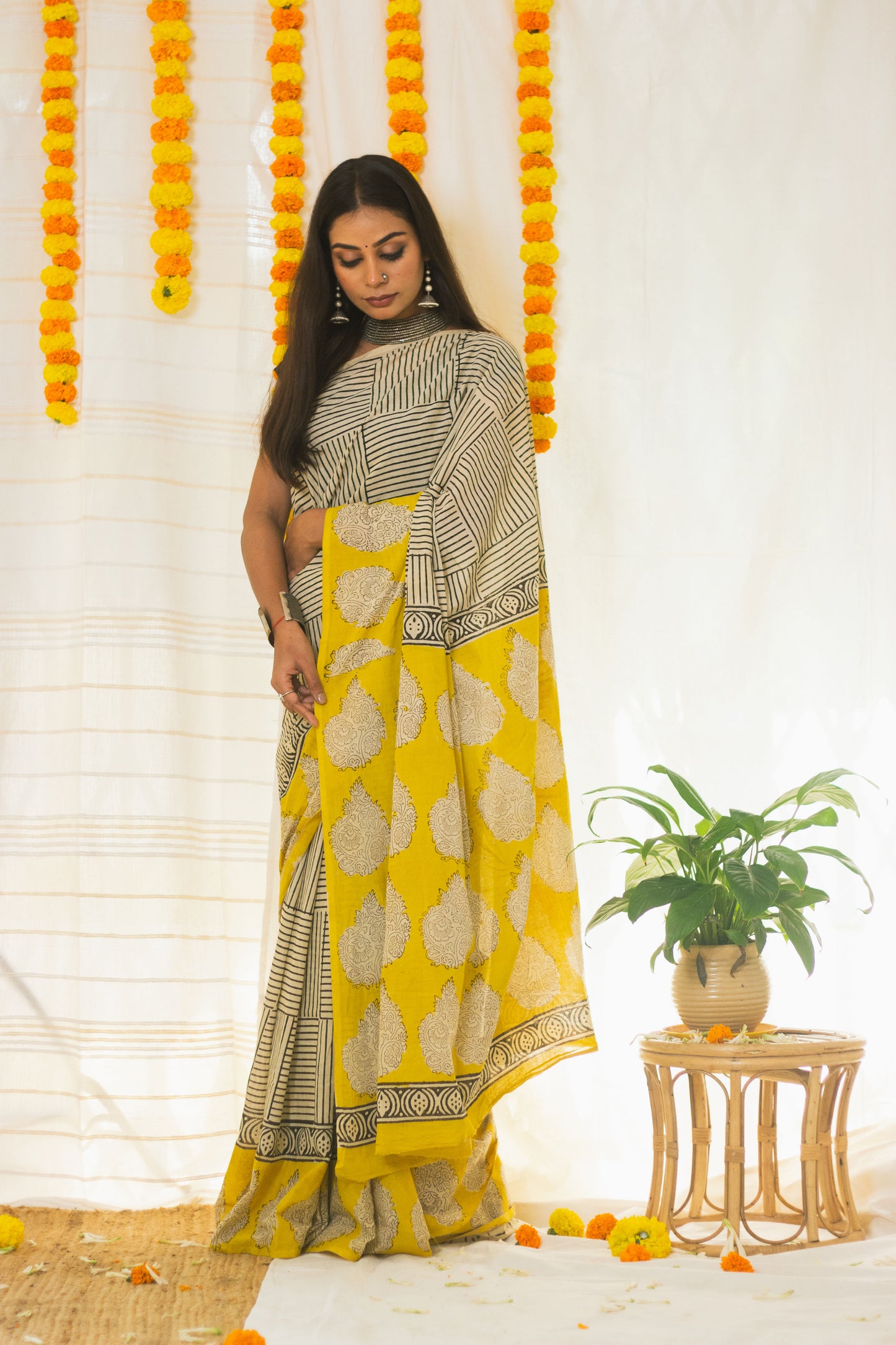 Cotton Mul Bagru Saree Sunny Stripes