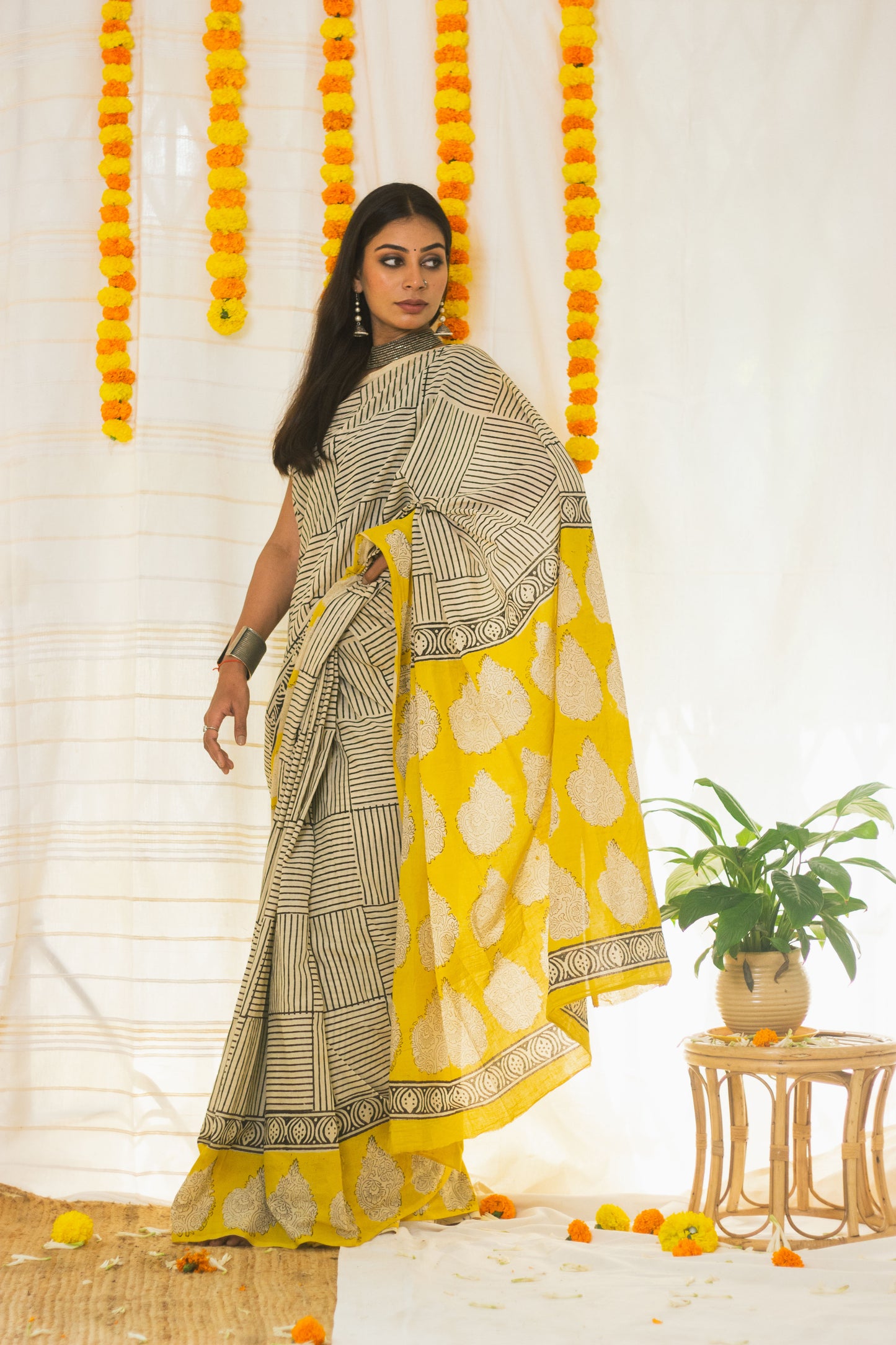 Cotton Mul Bagru Saree Sunny Stripes