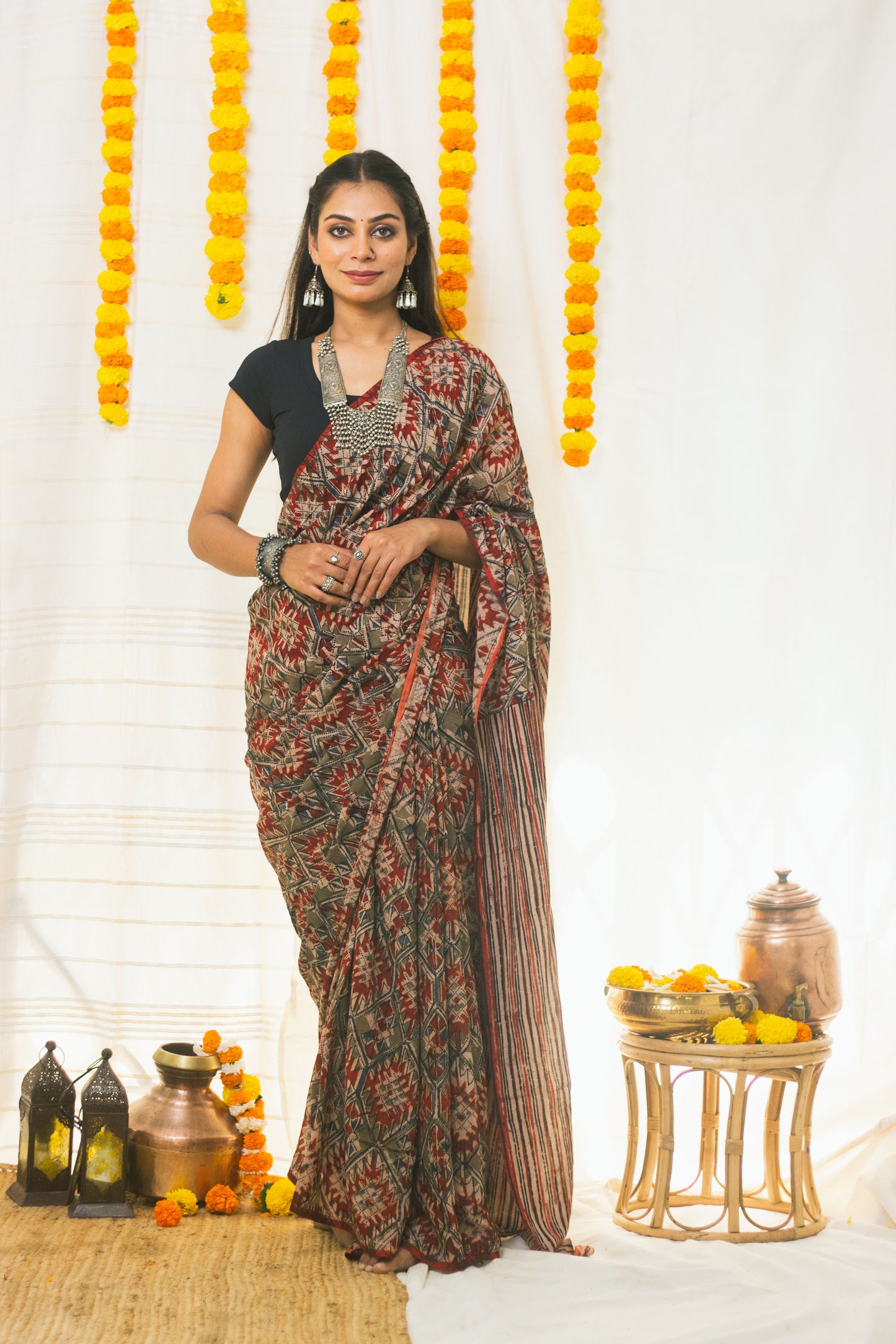 Mul Cotton Block Printed Saree Kalamkari Aztec