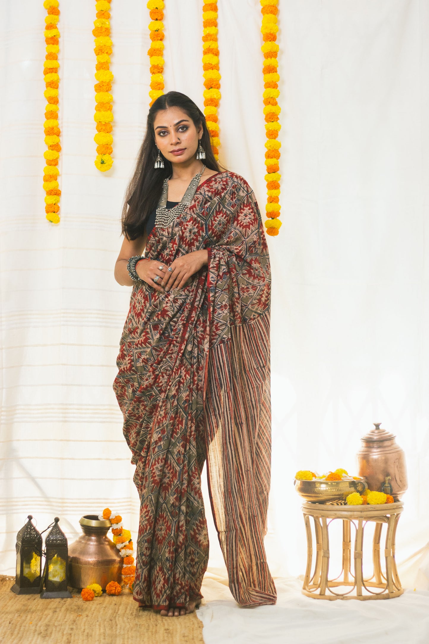 Mul Cotton Block Printed Saree Kalamkari Aztec