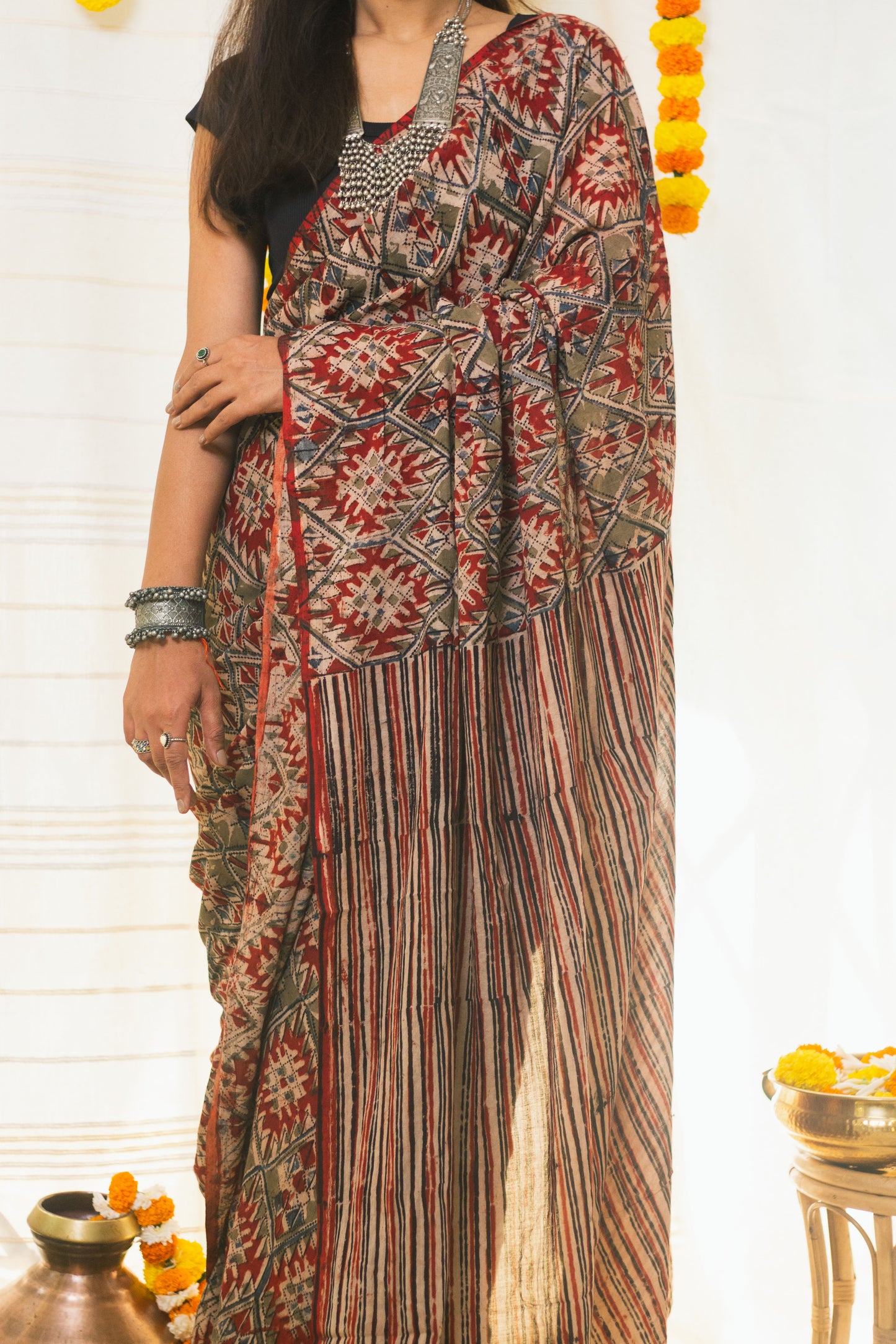 Mul Cotton Block Printed Saree Kalamkari Aztec