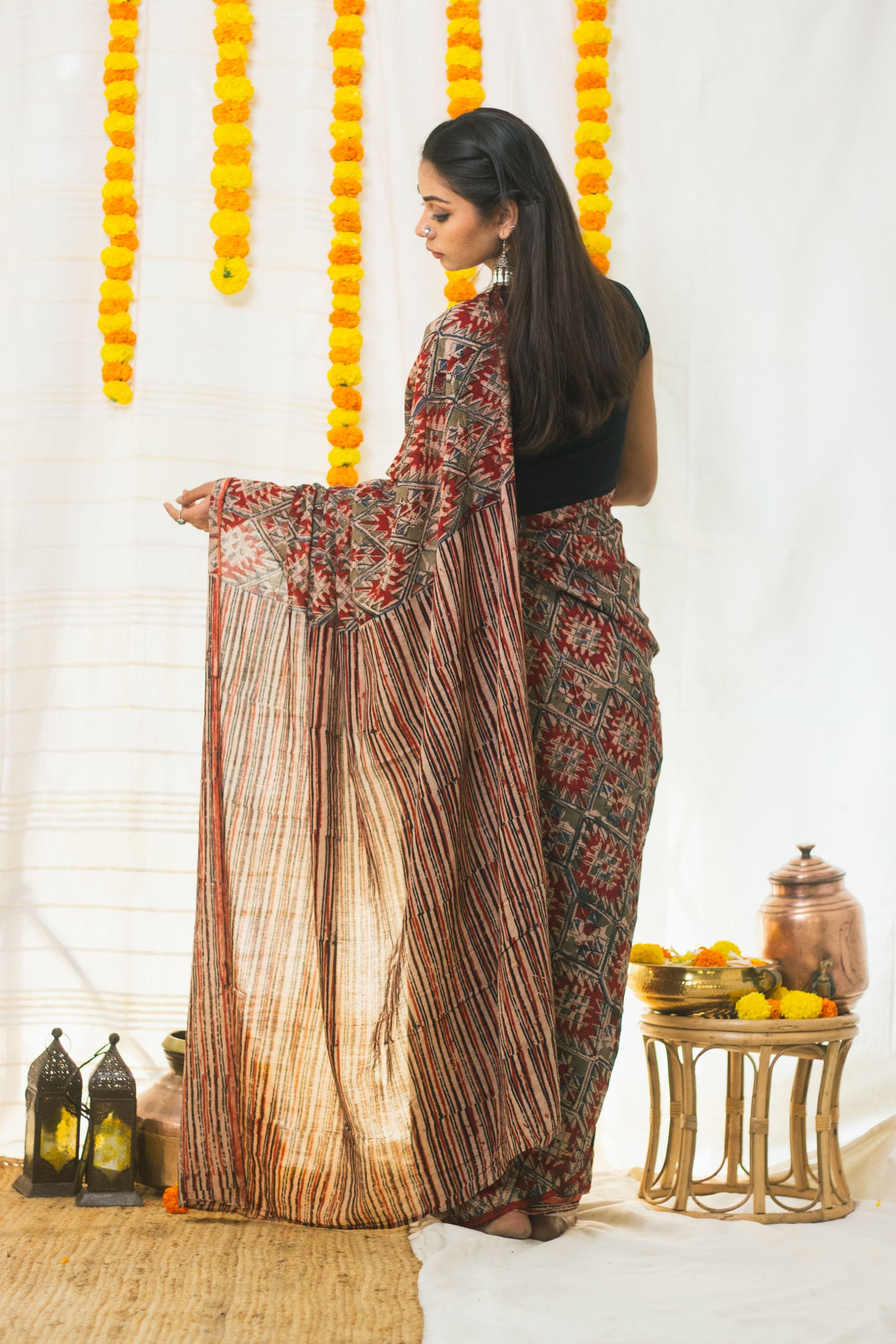 Mul Cotton Block Printed Saree Kalamkari Aztec