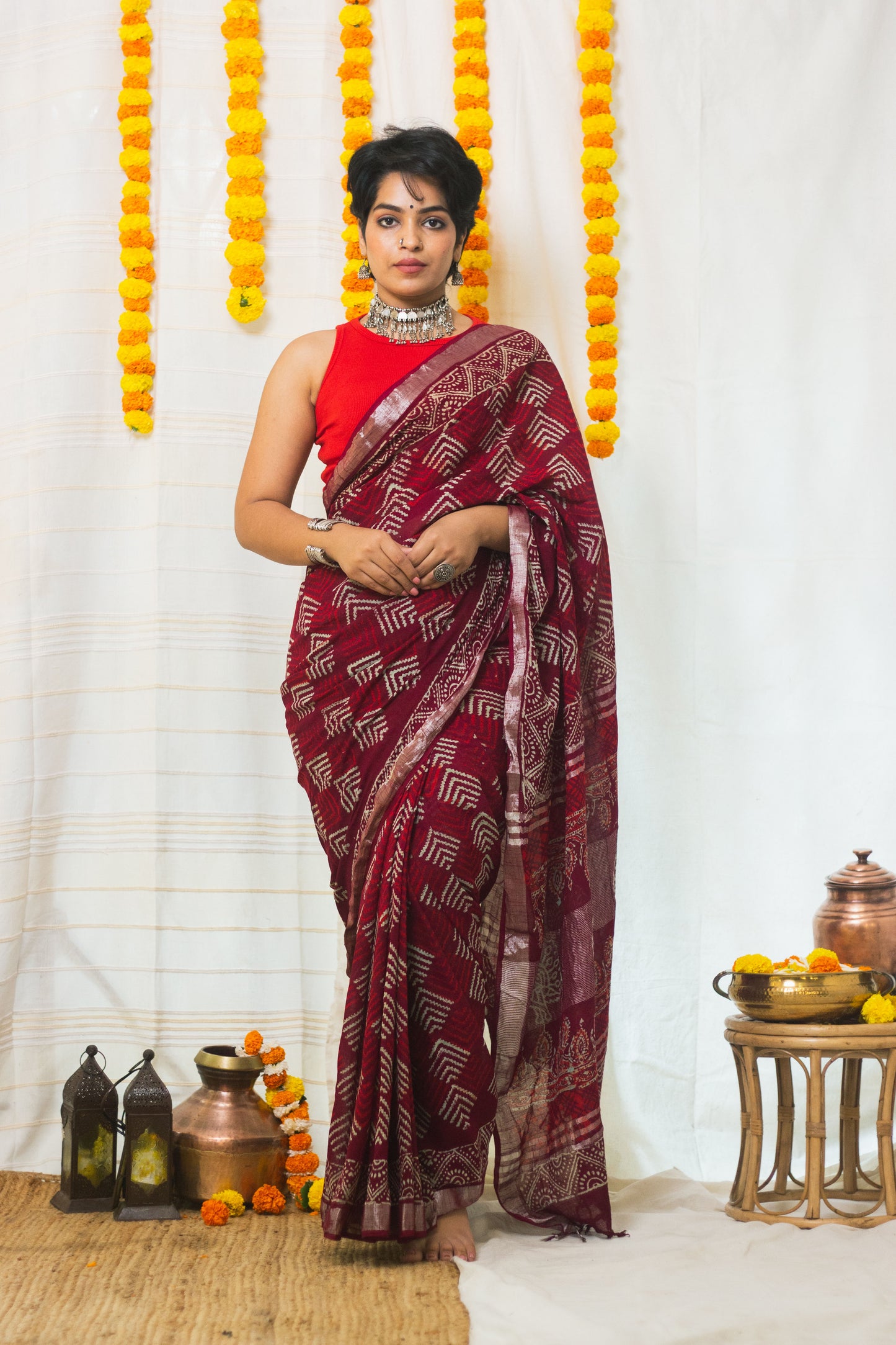 Linen Cotton Bagru Saree Crimson Chevron