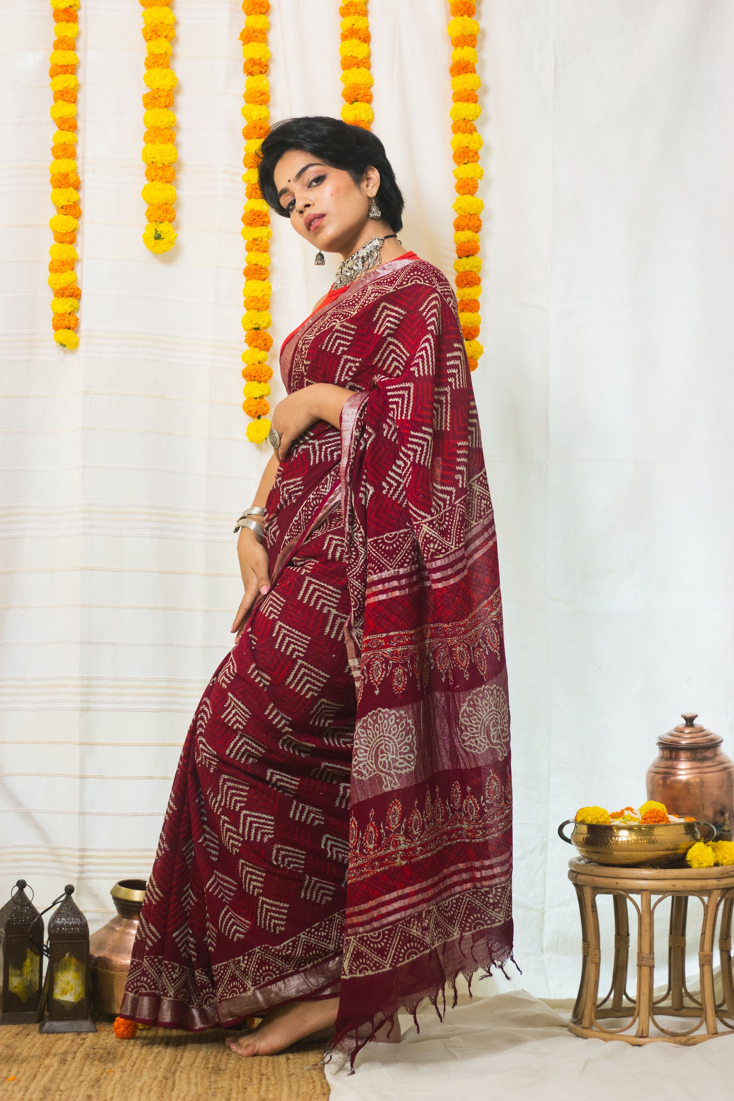 Linen Cotton Bagru Saree Crimson Chevron