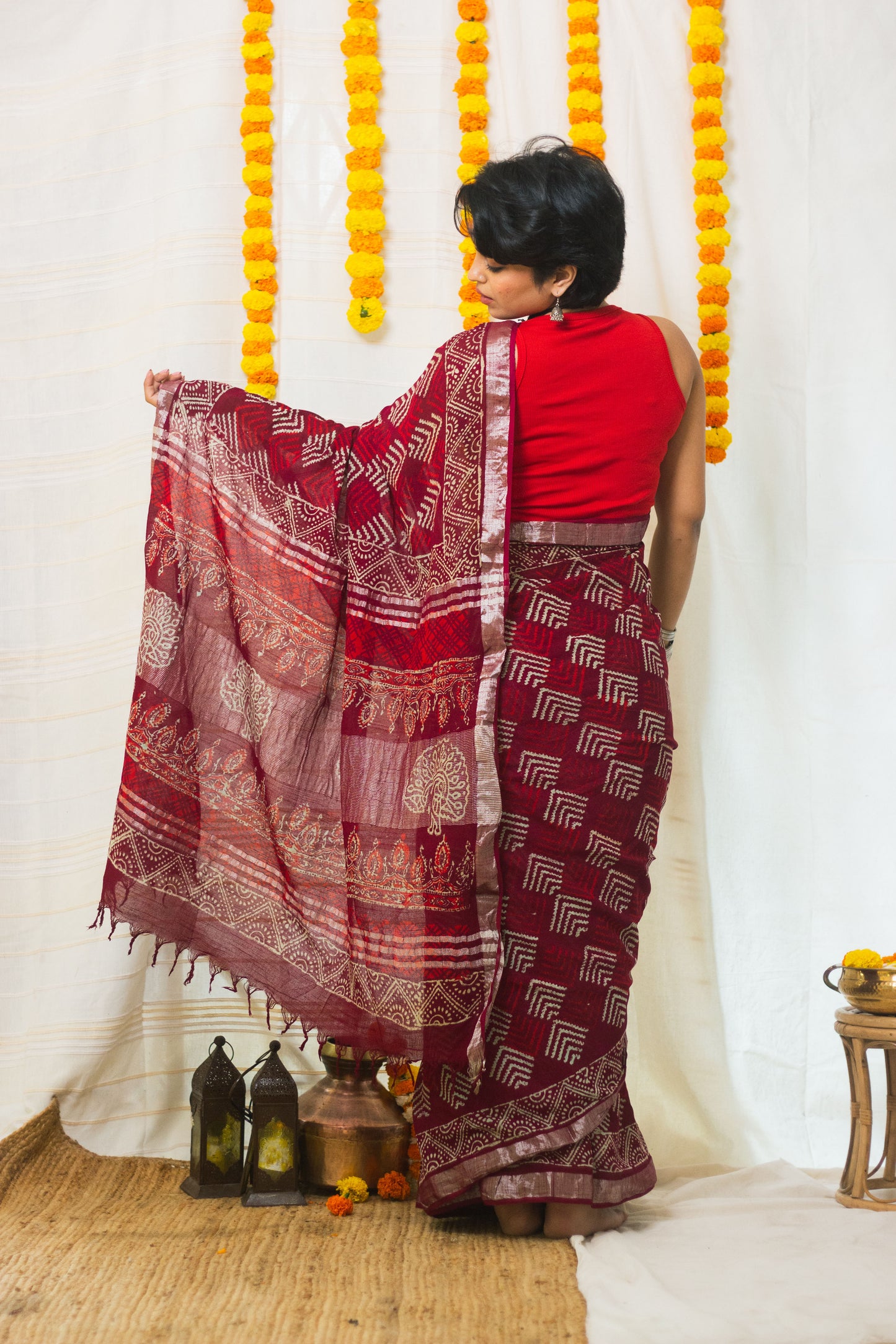 Linen Cotton Bagru Saree Crimson Chevron