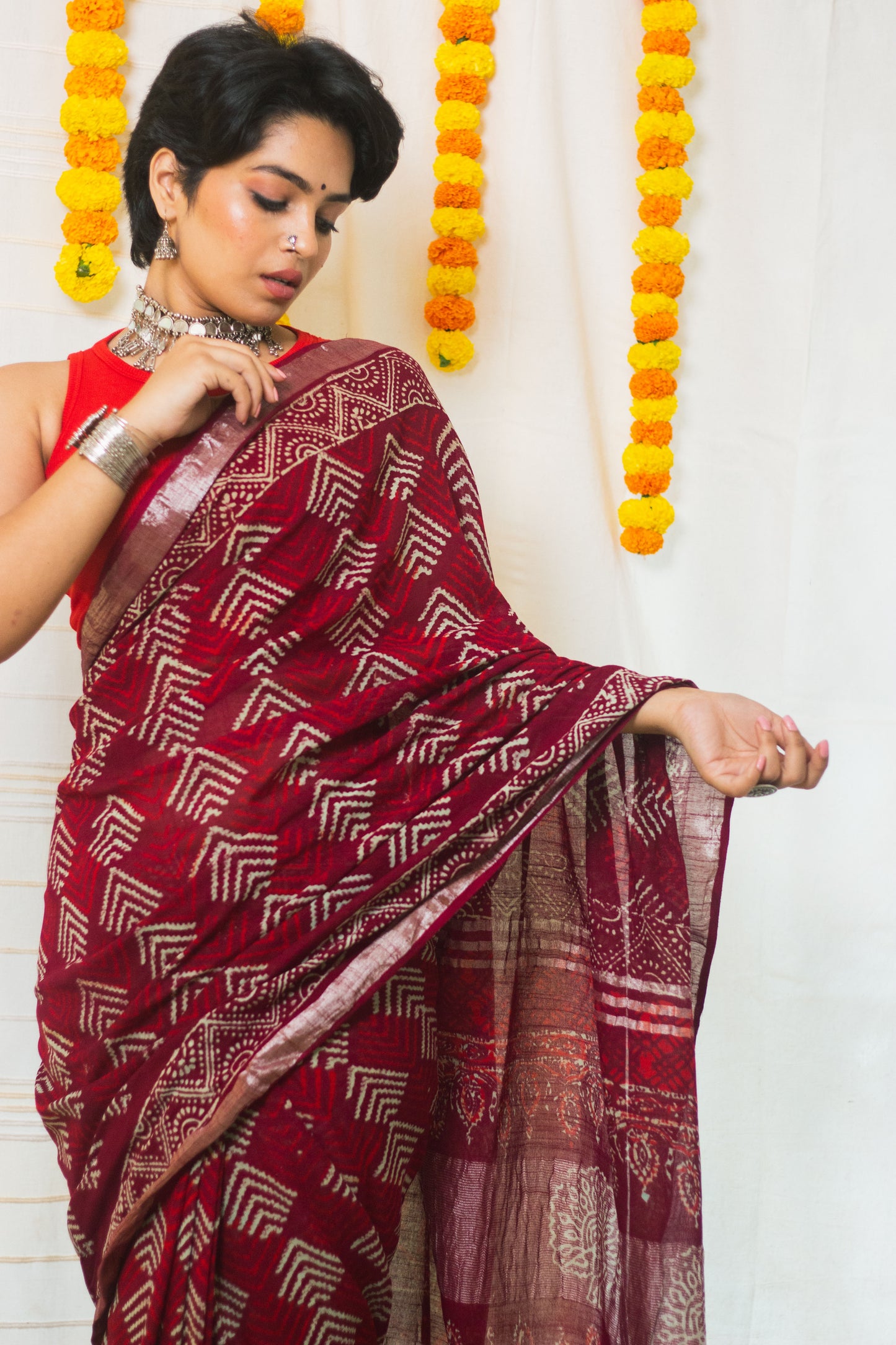 Linen Cotton Bagru Saree Crimson Chevron