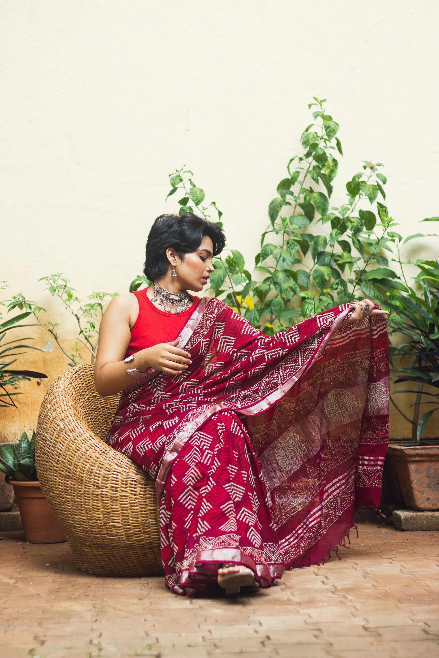 Linen Cotton Bagru Saree Crimson Chevron