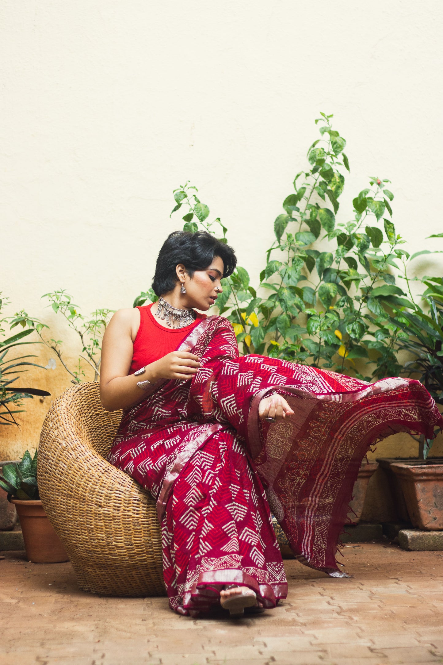 Linen Cotton Bagru Saree Crimson Chevron