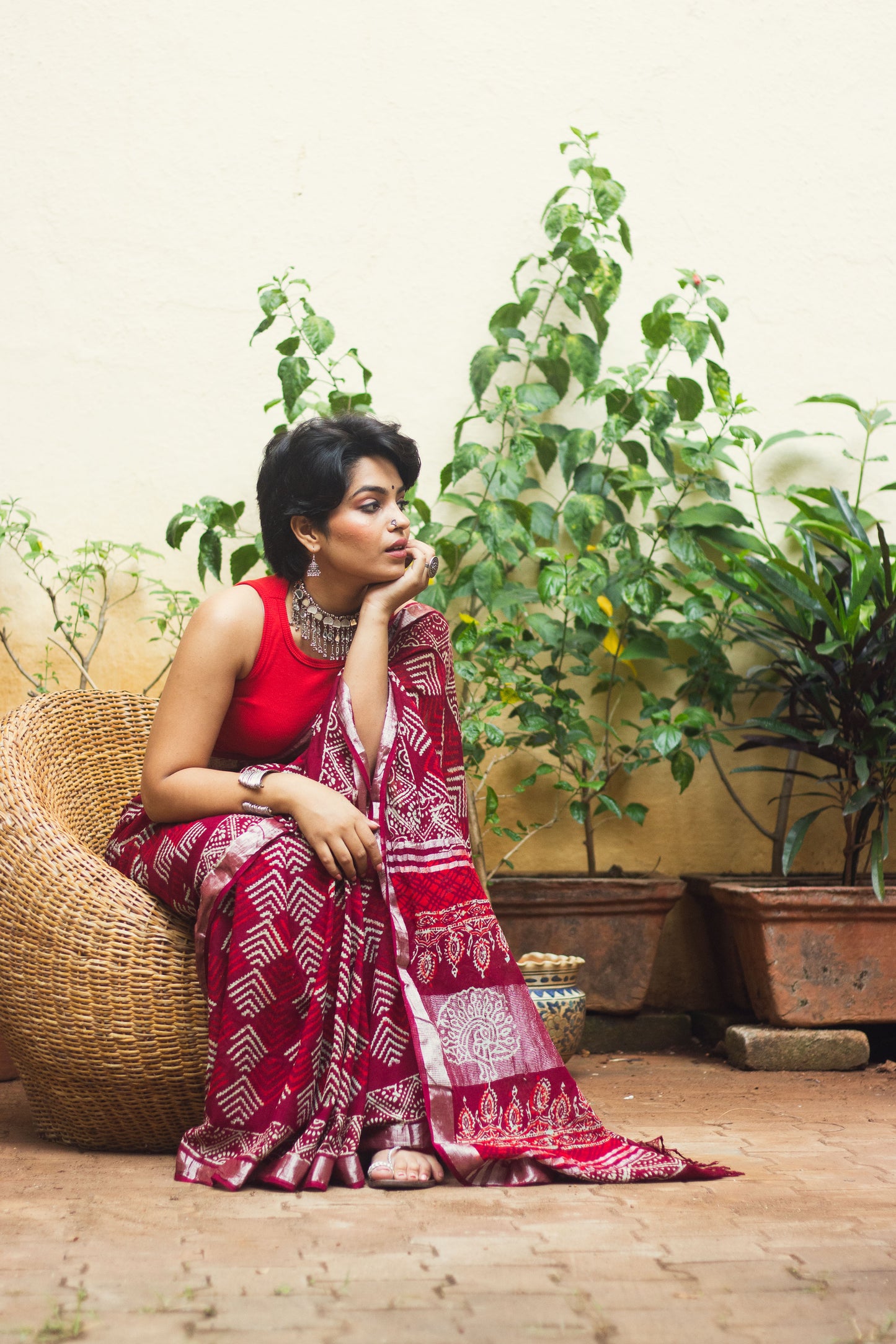 Linen Cotton Bagru Saree Crimson Chevron