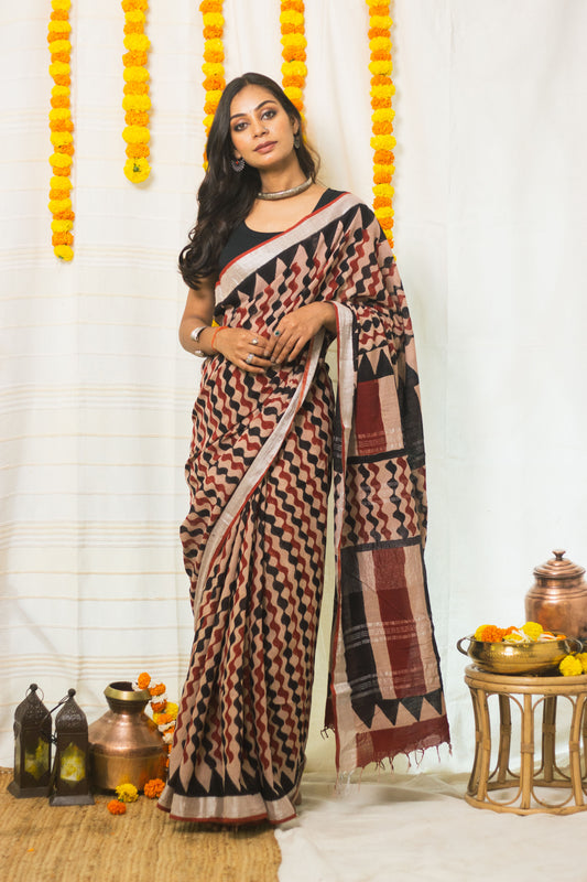 Linen Cotton Bagru Saree Rustic Waves