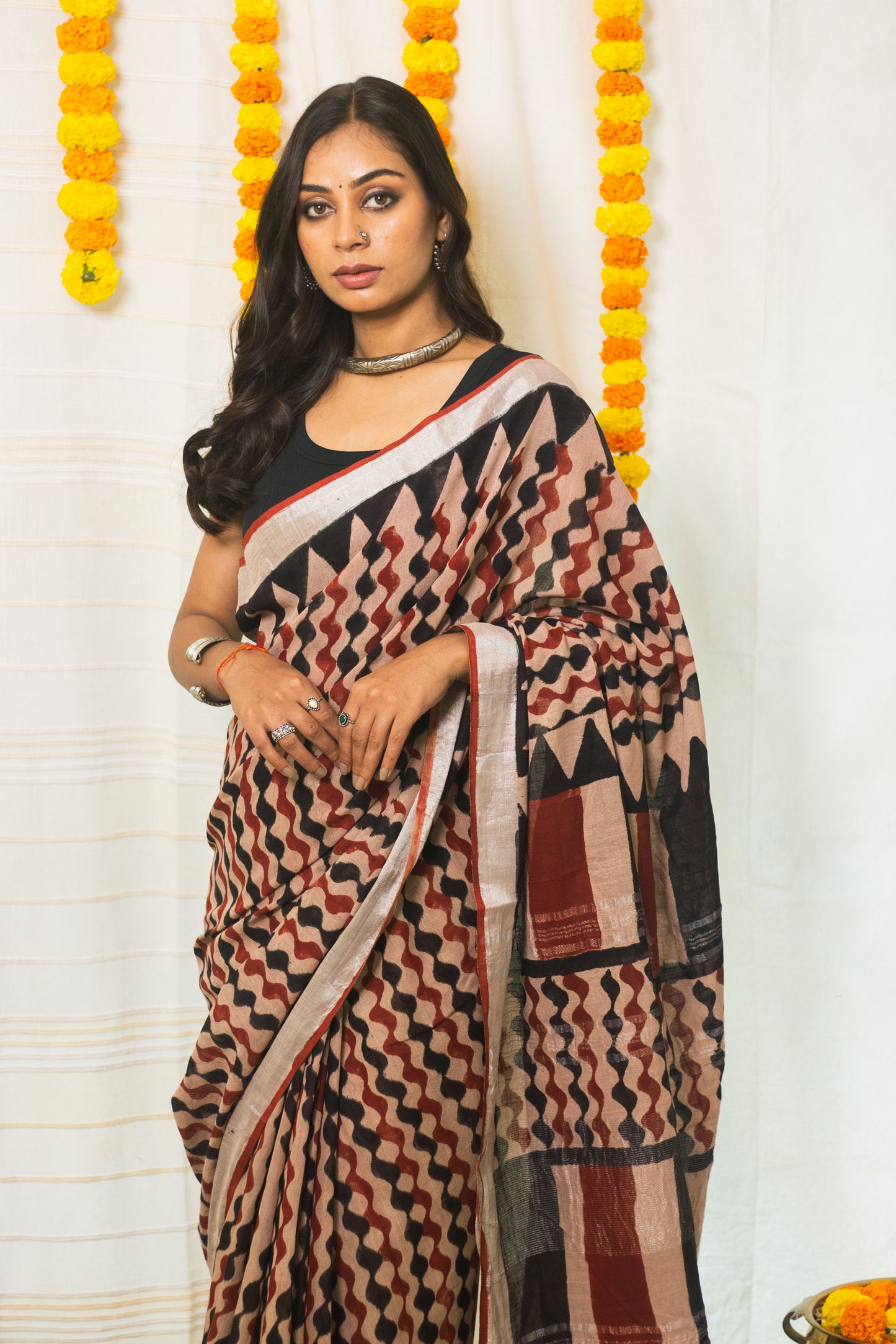 Linen Cotton Bagru Saree Rustic Waves