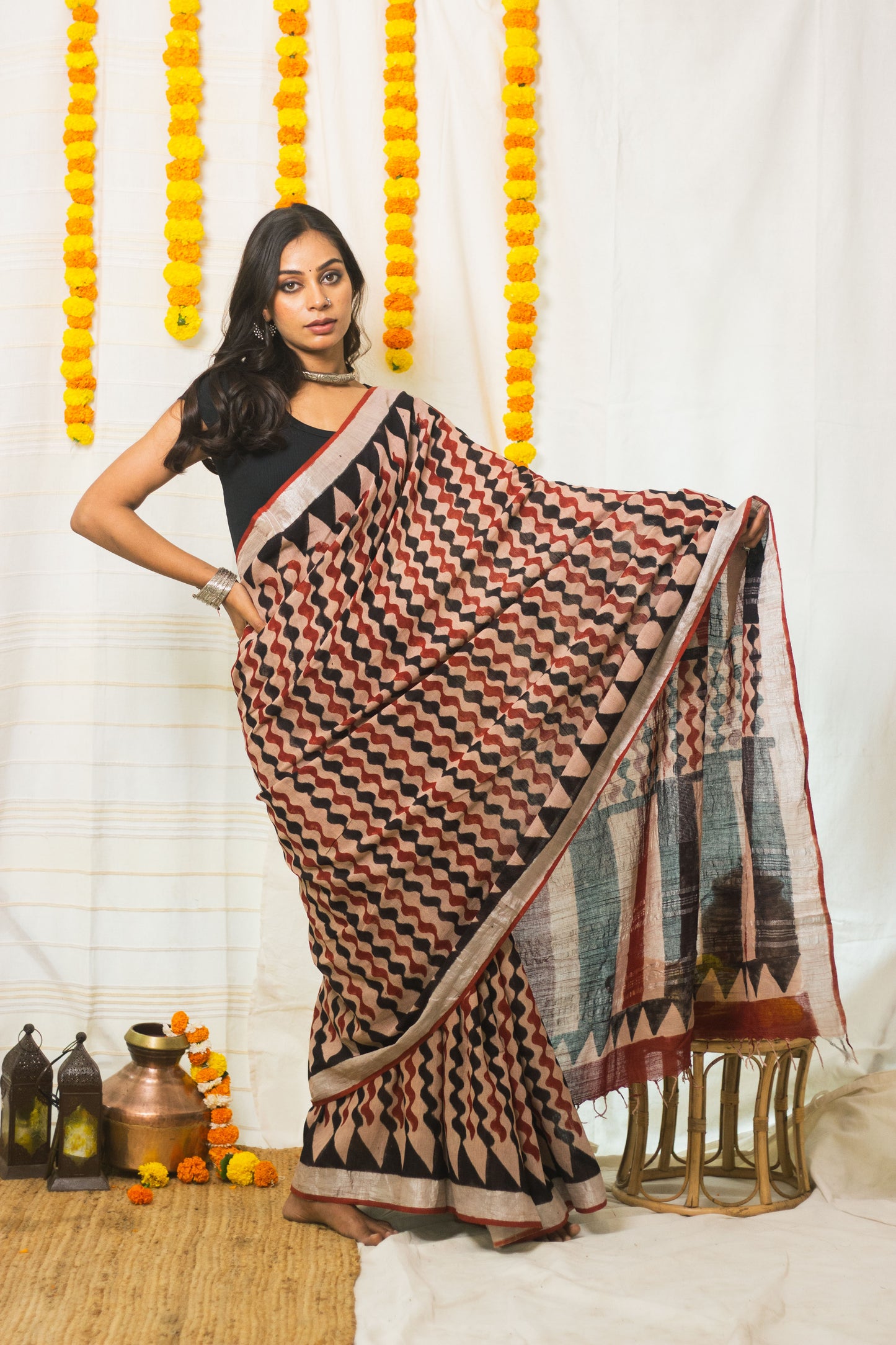 Linen Cotton Bagru Saree Rustic Waves