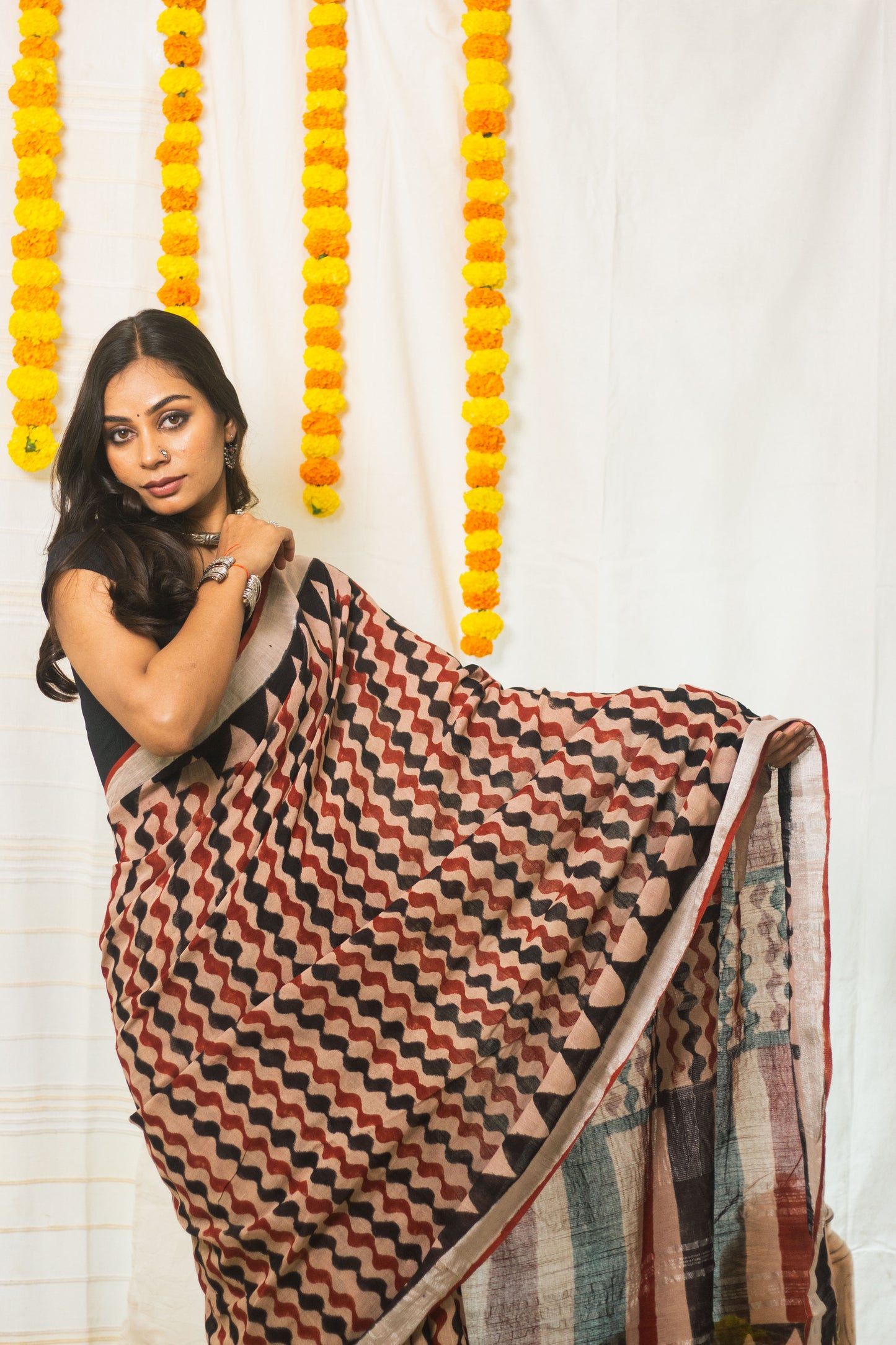 Linen Cotton Bagru Saree Rustic Waves