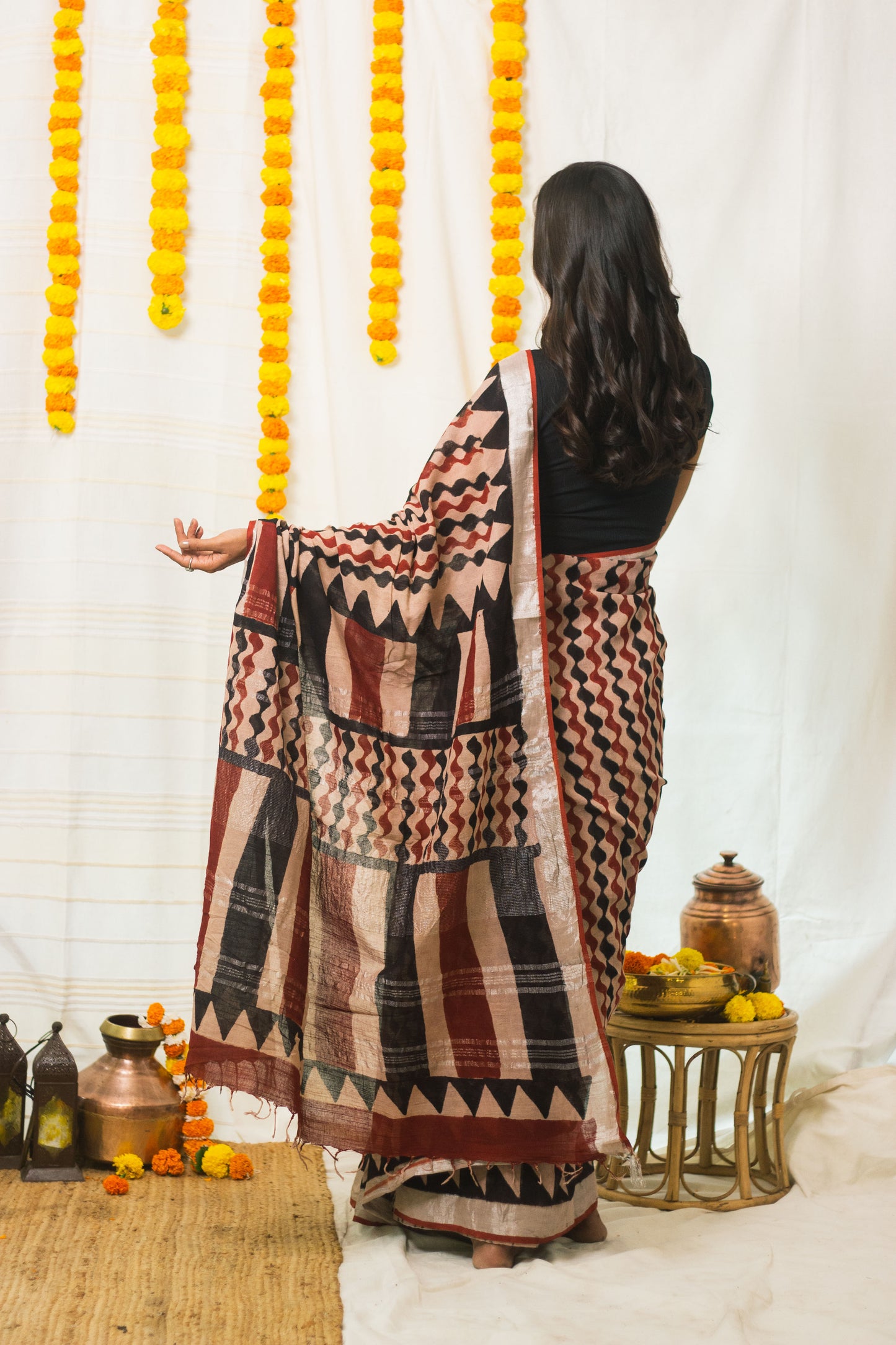 Linen Cotton Bagru Saree Rustic Waves