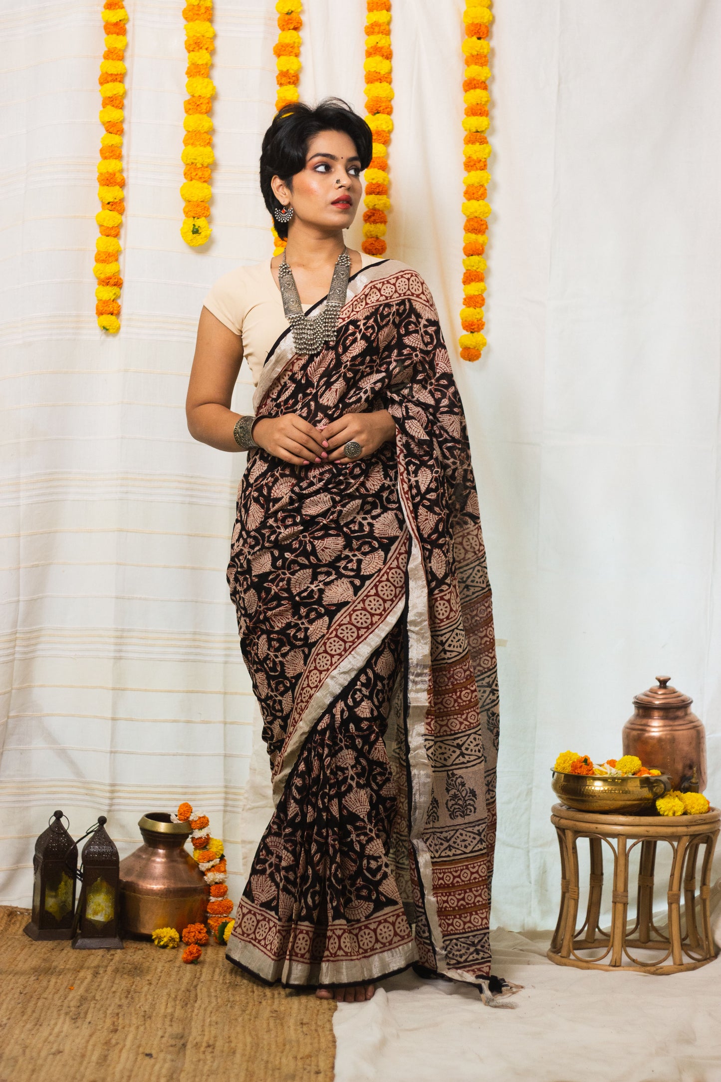 Linen Cotton Bagru Saree Raat Rani