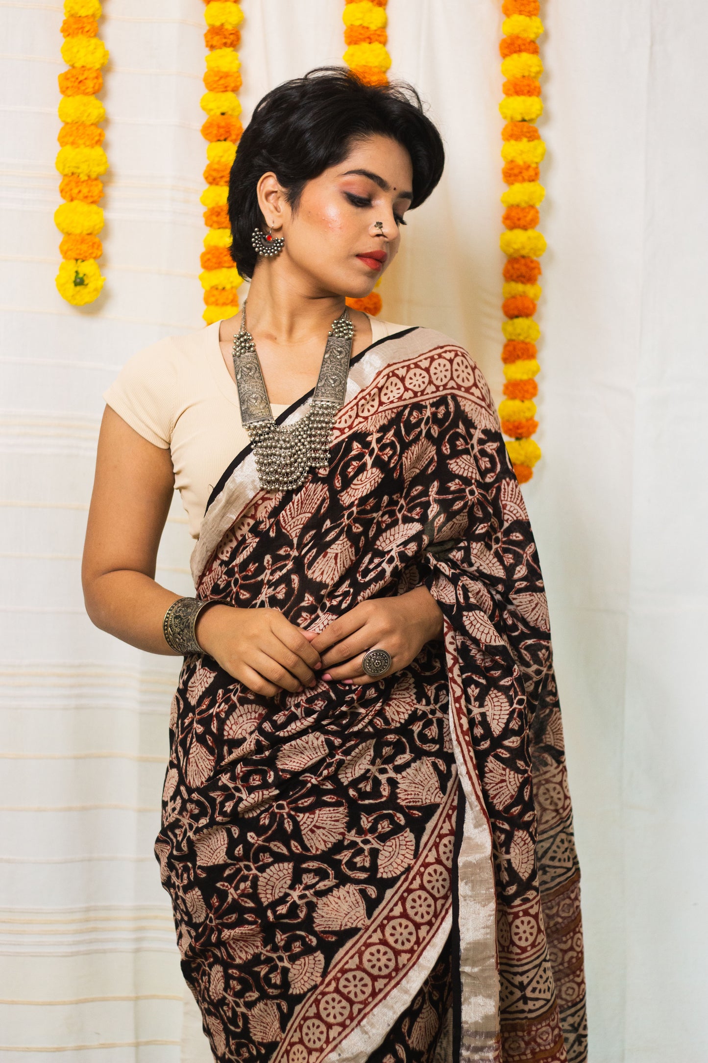 Linen Cotton Bagru Saree Raat Rani