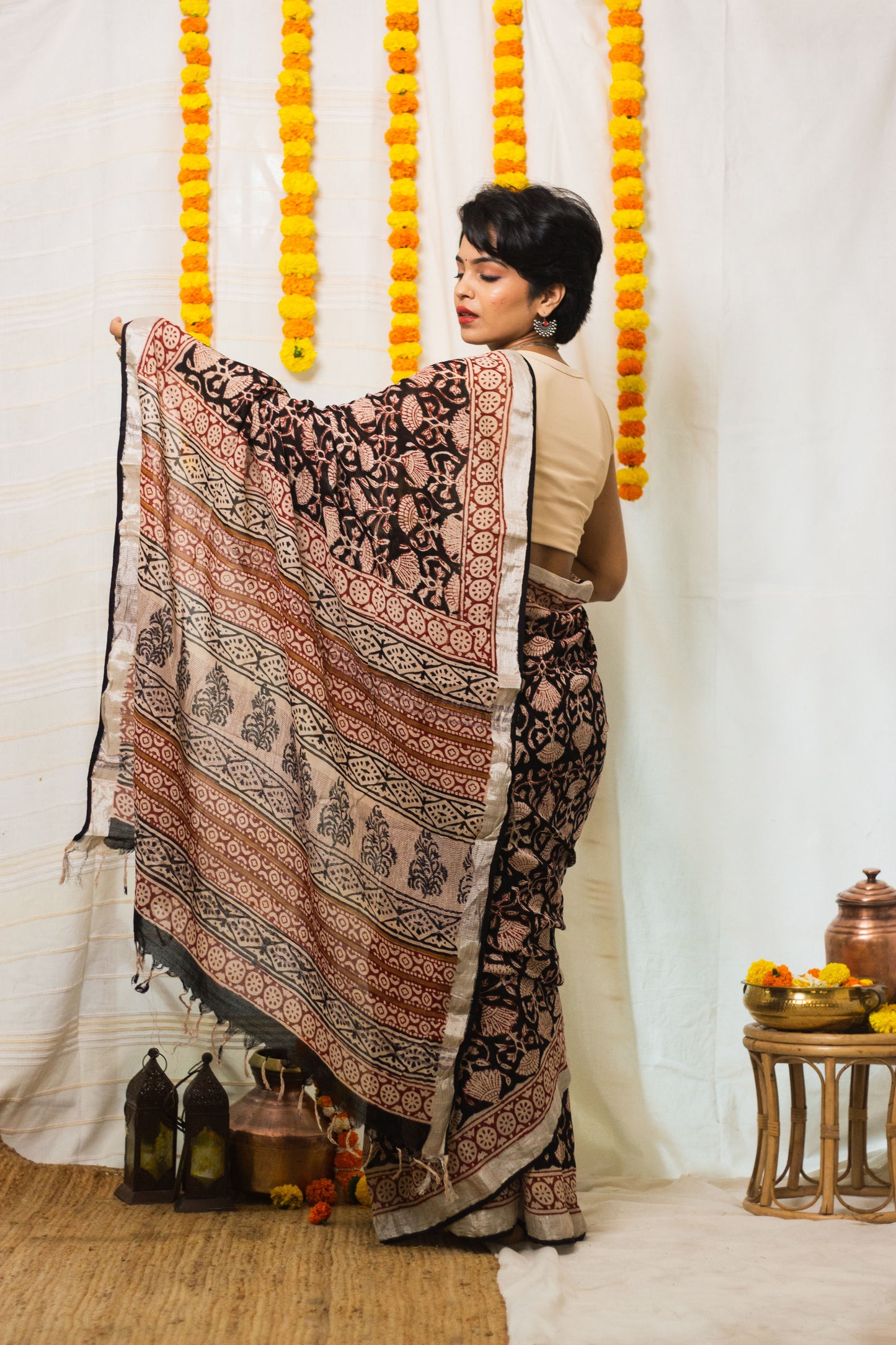 Linen Cotton Bagru Saree Raat Rani