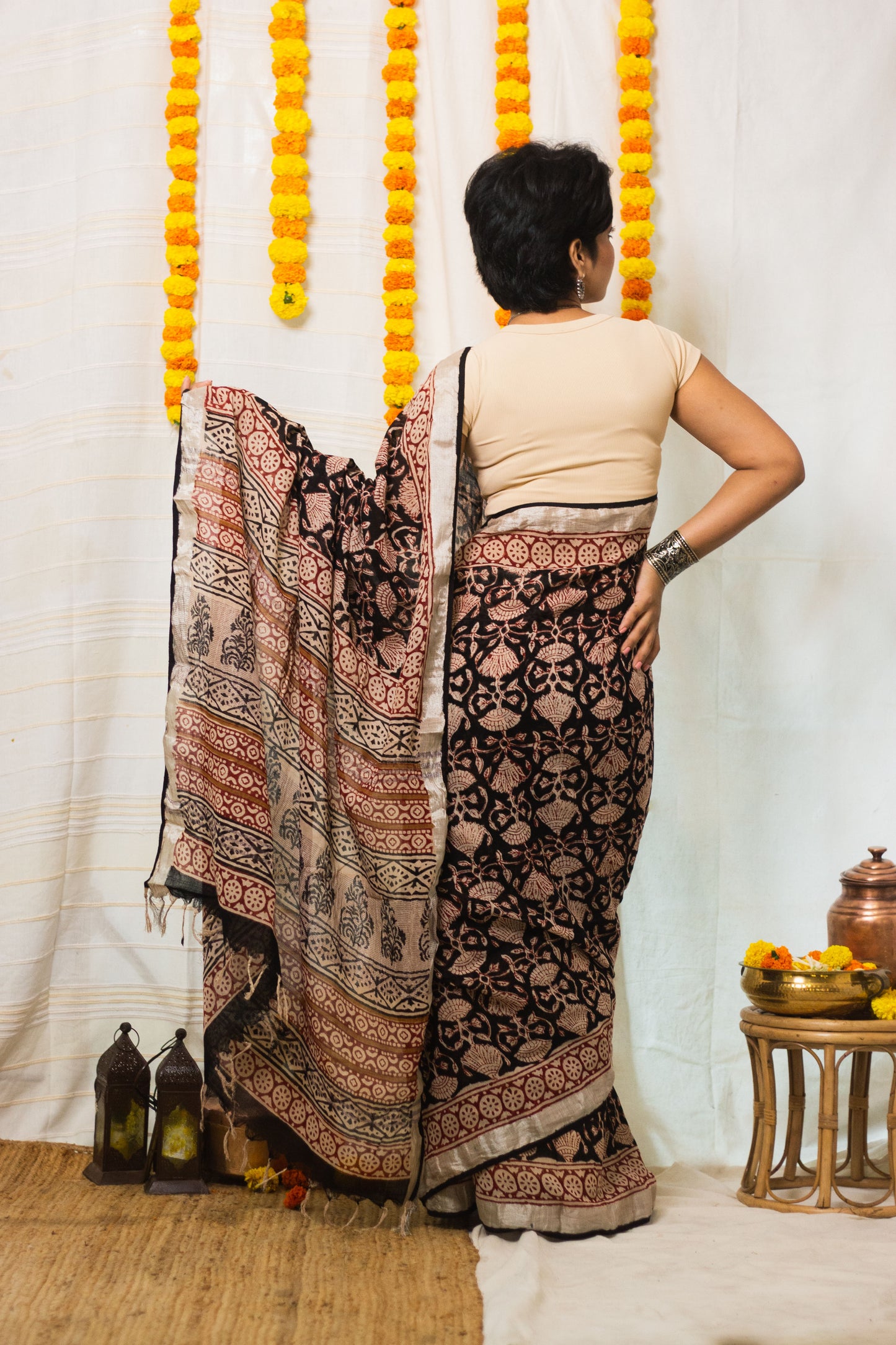 Linen Cotton Bagru Saree Raat Rani