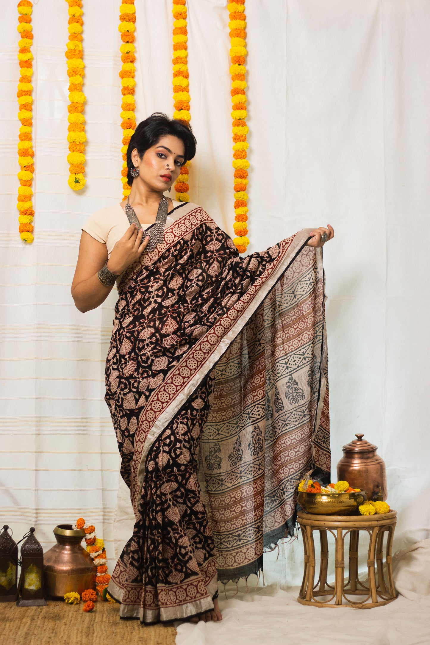 Linen Cotton Bagru Saree Raat Rani