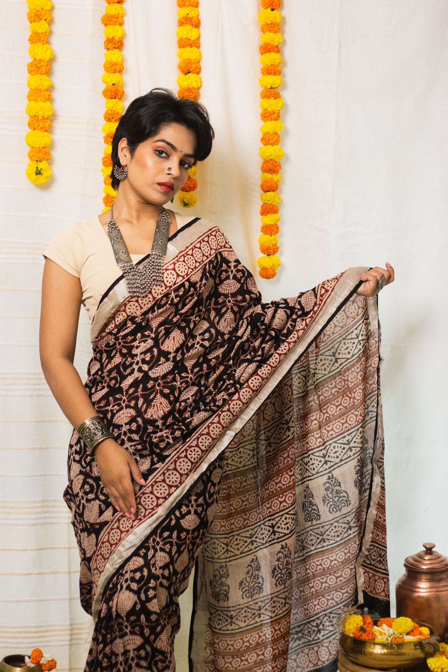 Linen Cotton Bagru Saree Raat Rani