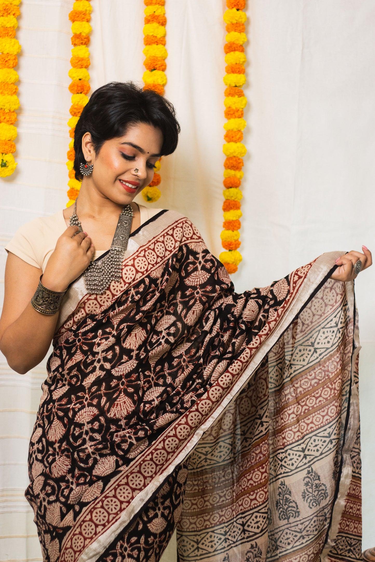 Linen Cotton Bagru Saree Raat Rani