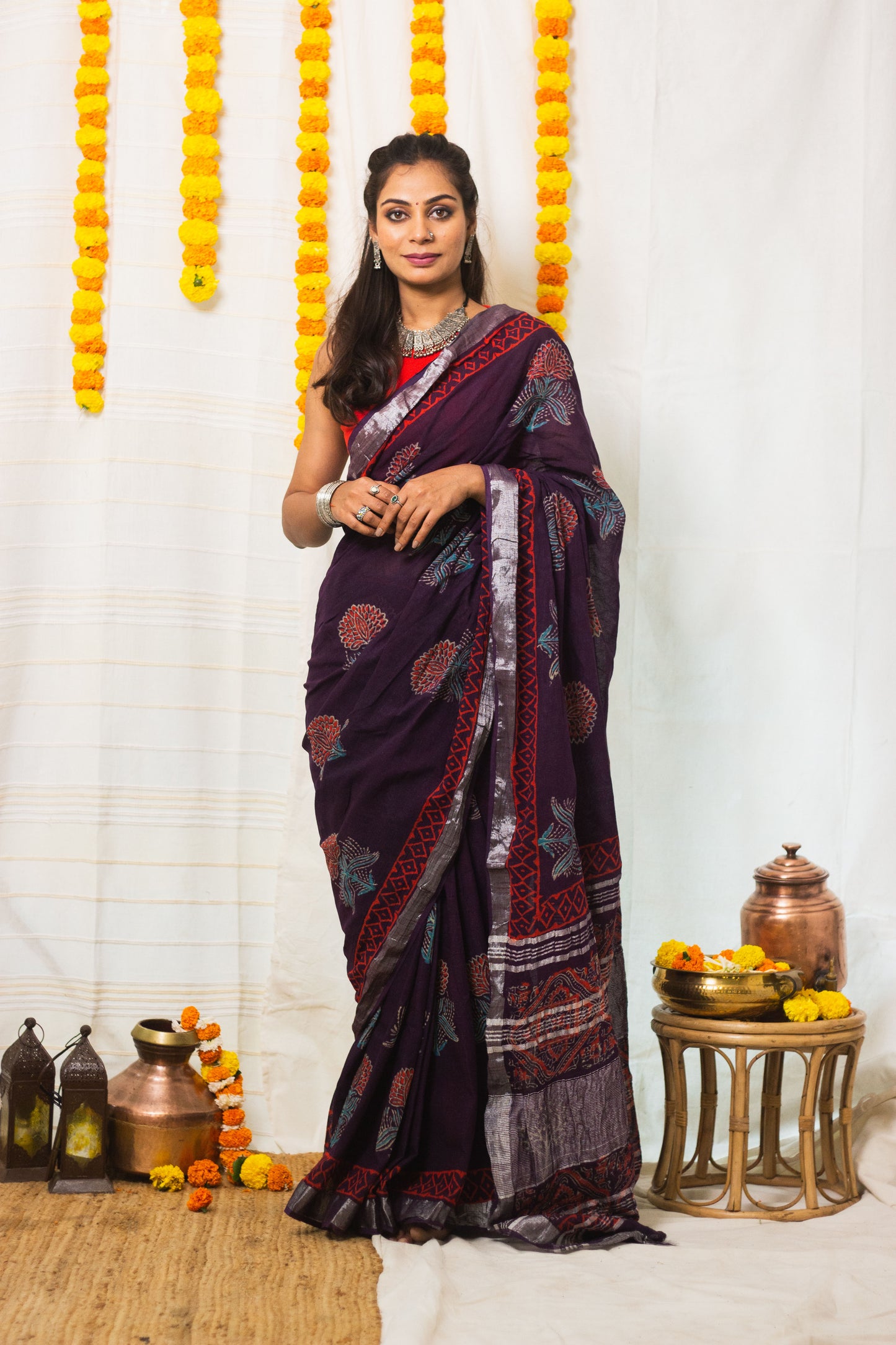 Linen Cotton Bagru Saree Purple Blossom