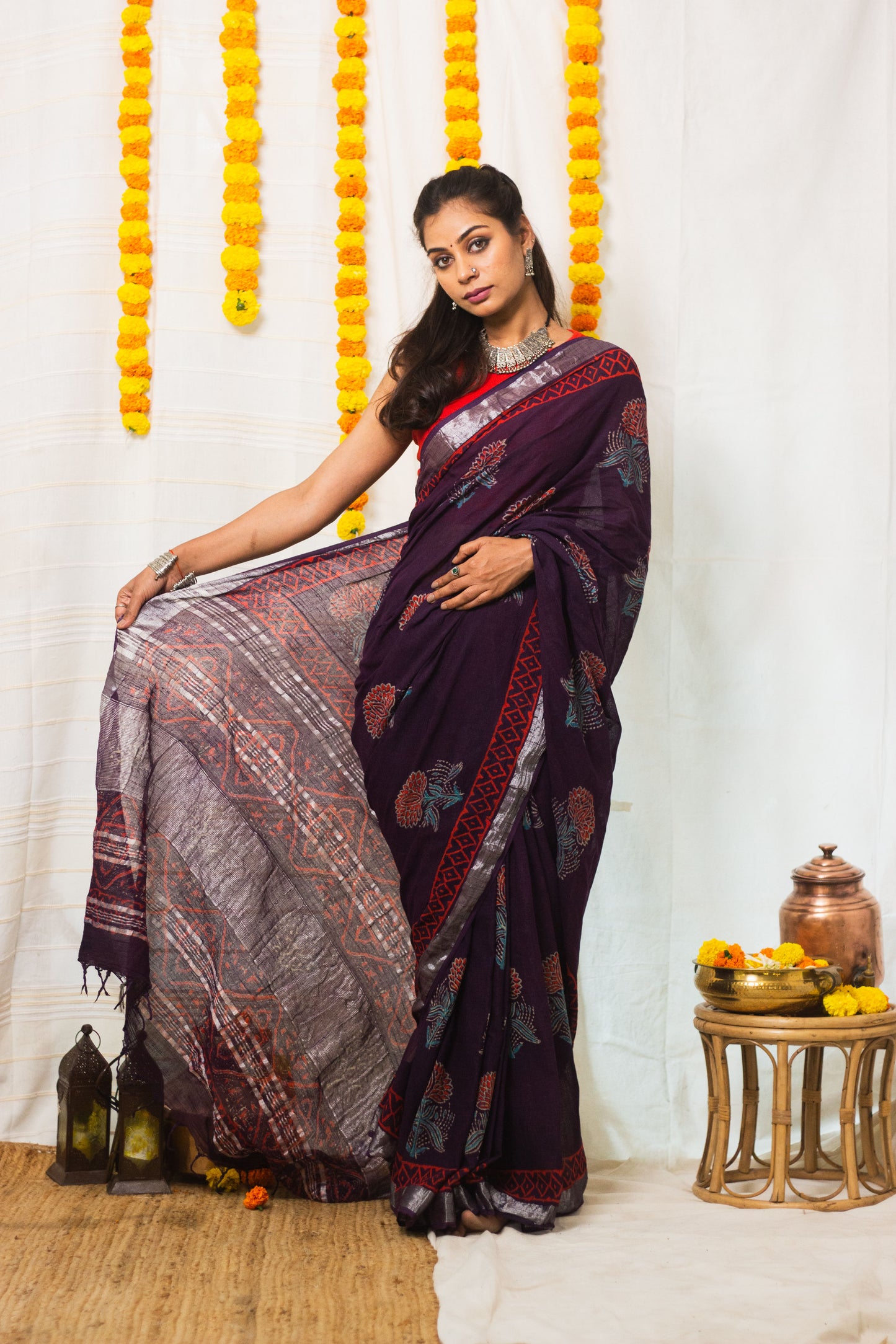 Linen Cotton Bagru Saree Purple Blossom