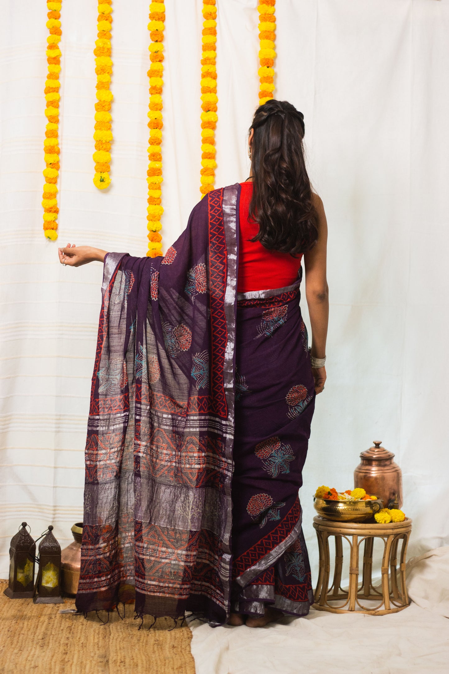 Linen Cotton Bagru Saree Purple Blossom