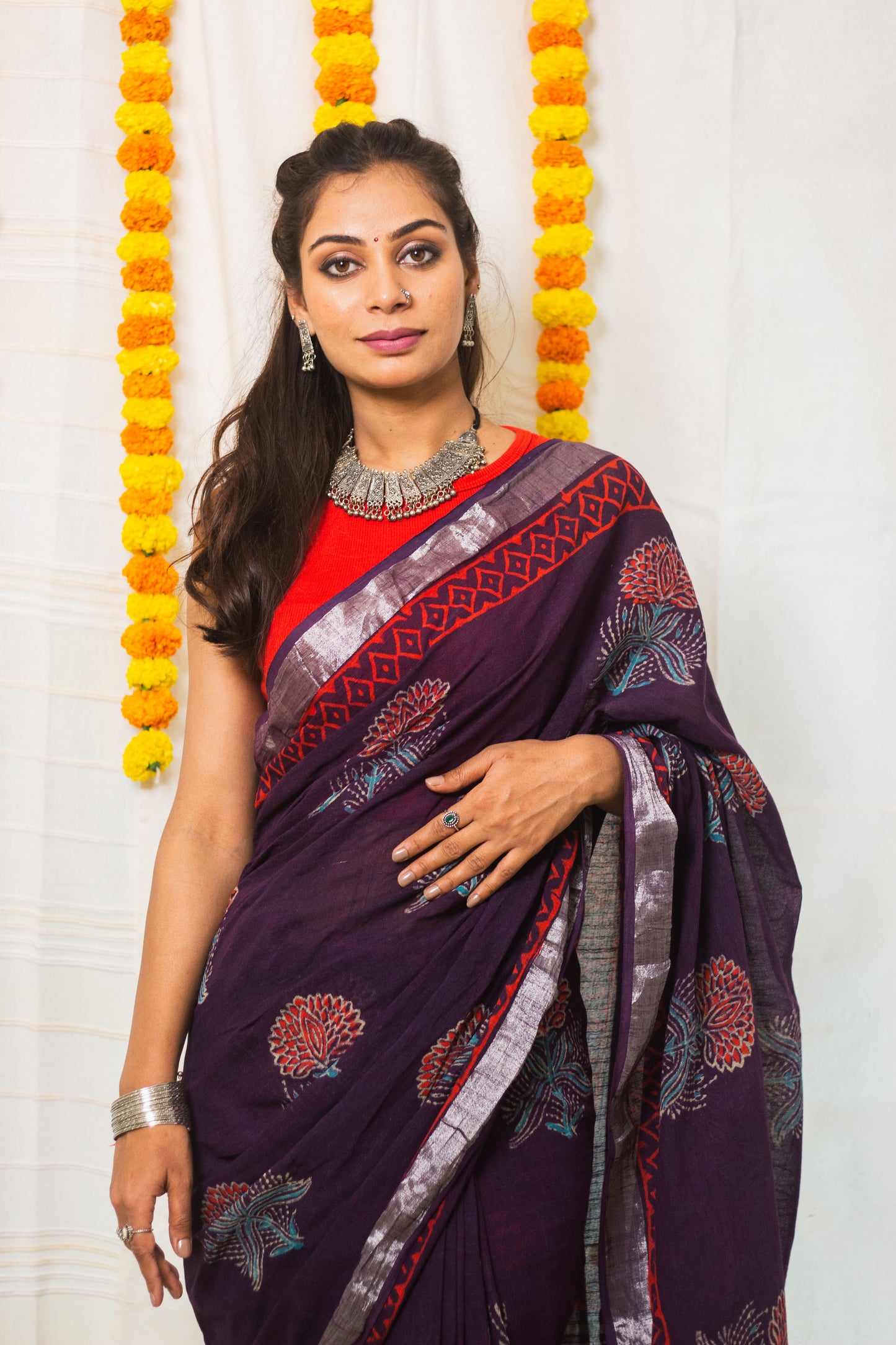 Linen Cotton Bagru Saree Purple Blossom