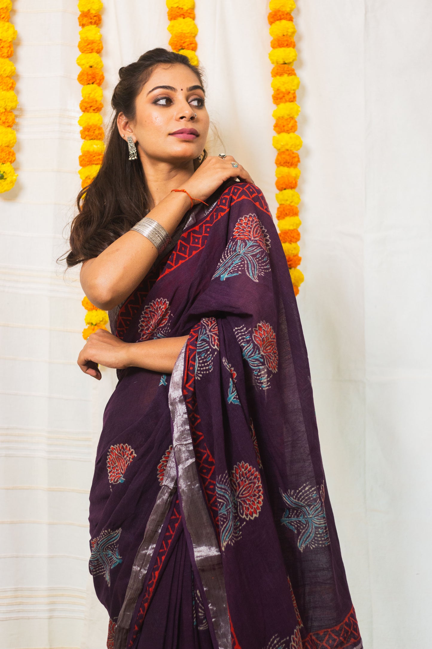 Linen Cotton Bagru Saree Purple Blossom