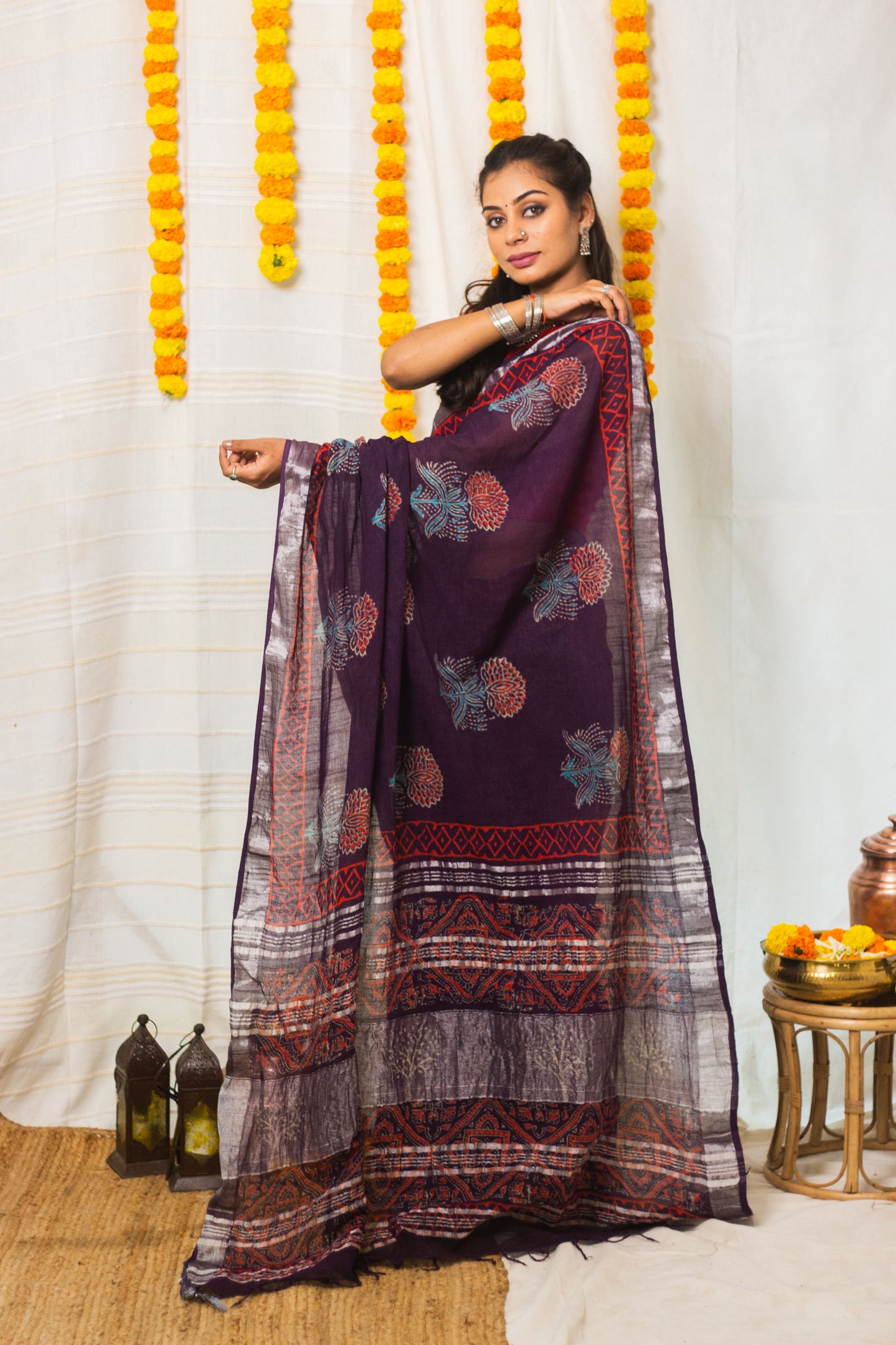 Linen Cotton Bagru Saree Purple Blossom