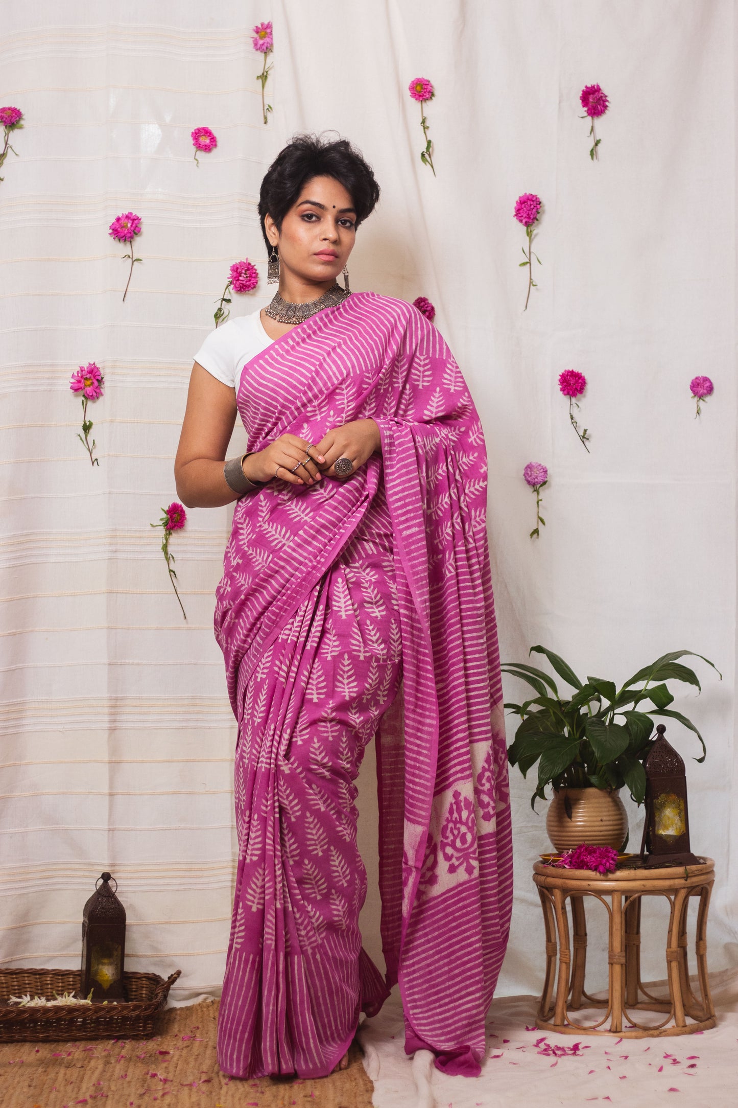 Cotton Mul Bagru Saree Pink Paradise