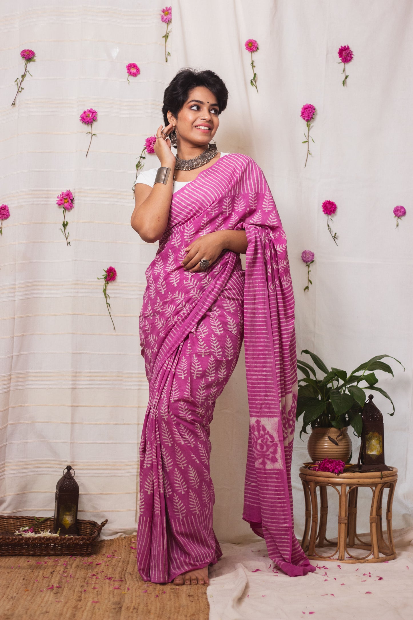 Cotton Mul Bagru Saree Pink Paradise