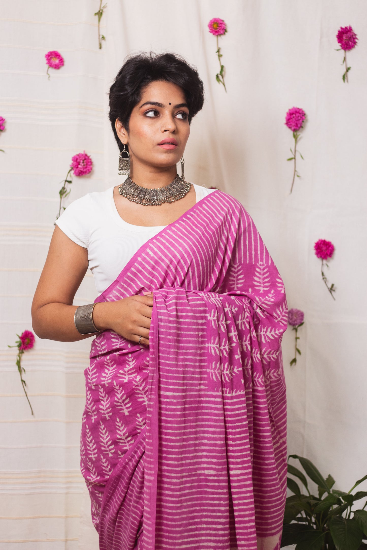 Cotton Mul Bagru Saree Pink Paradise